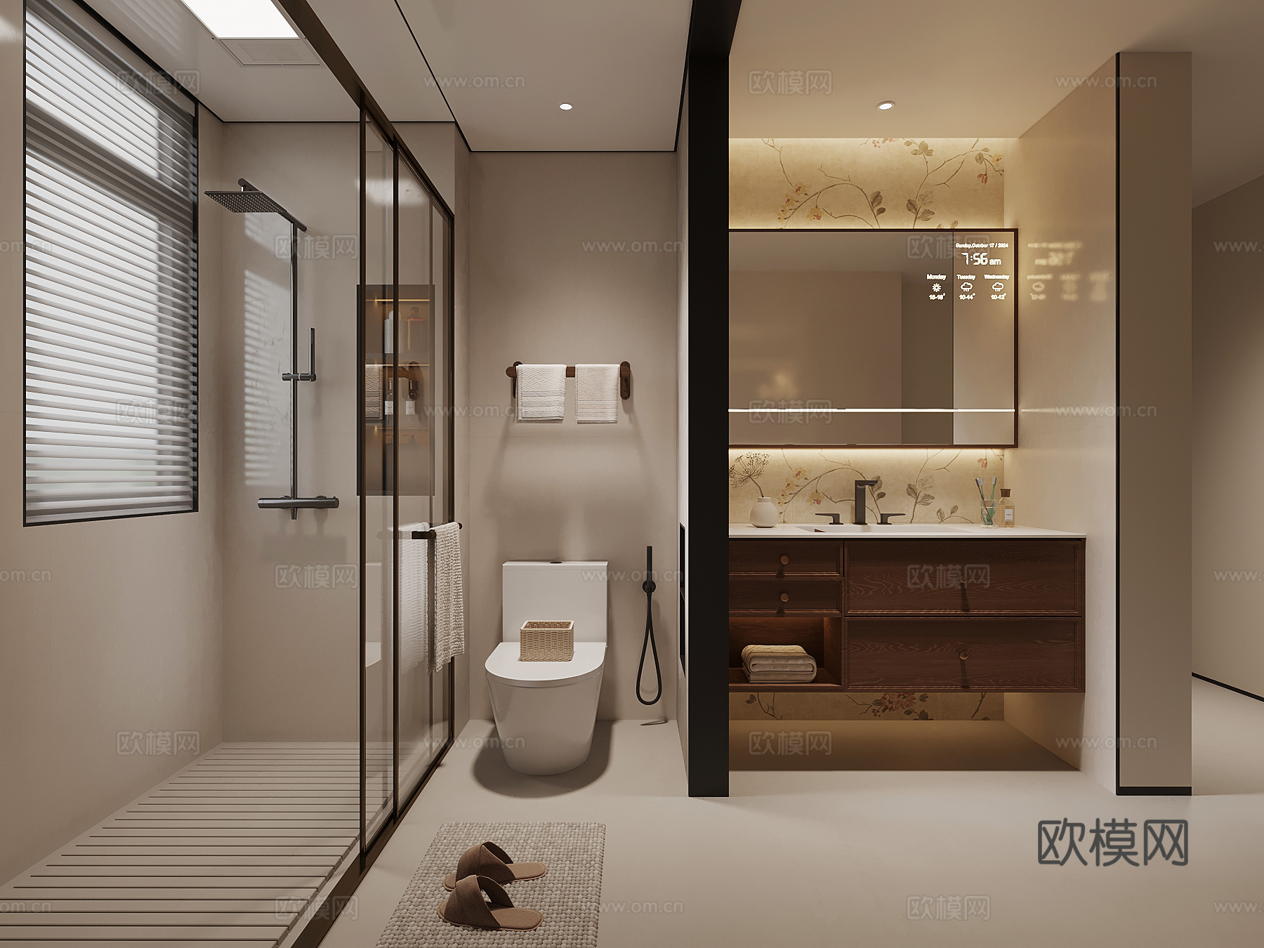 中古风卫生间 干湿分离卫生间 浴室柜 马桶 花洒3d模型下载