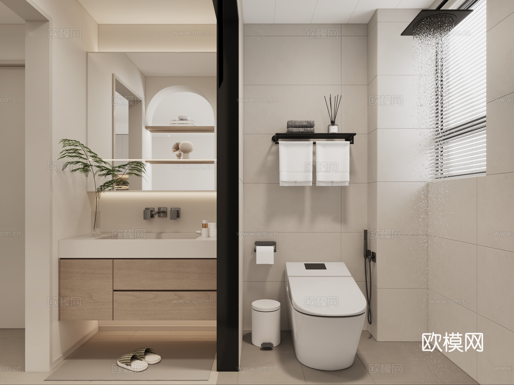 奶油风卫生间 现代卫生间 卫生间伴侣 智能马桶 干湿分离卫生3d模型下载