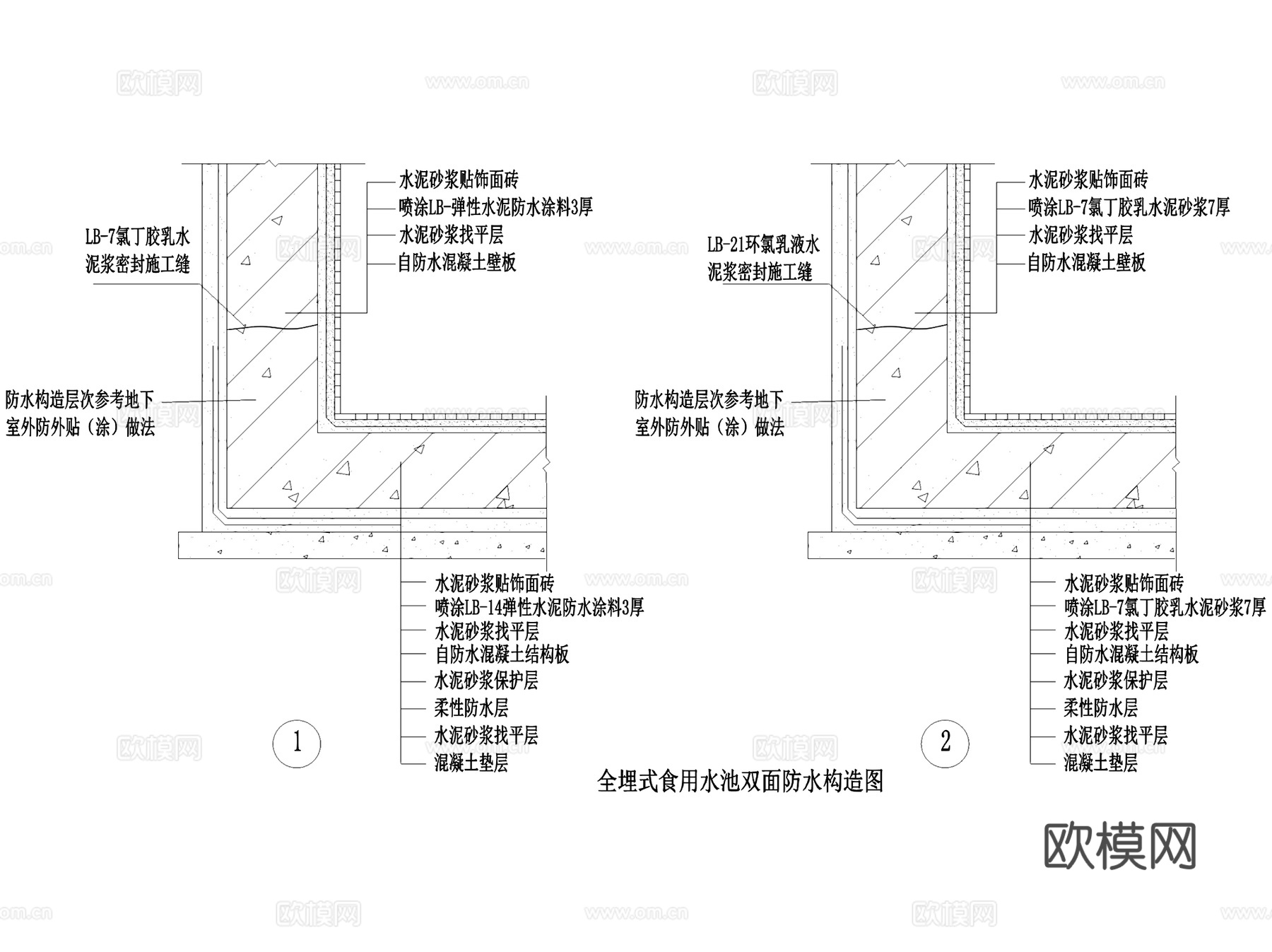 水池泳池水景防水构造节点大样详图CAD施工图集 11套cad施工图