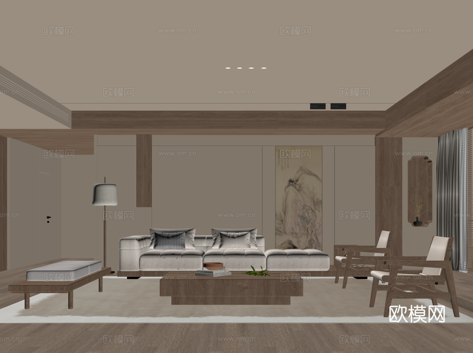 新中式客厅 沙发茶几组合 背景墙su模型