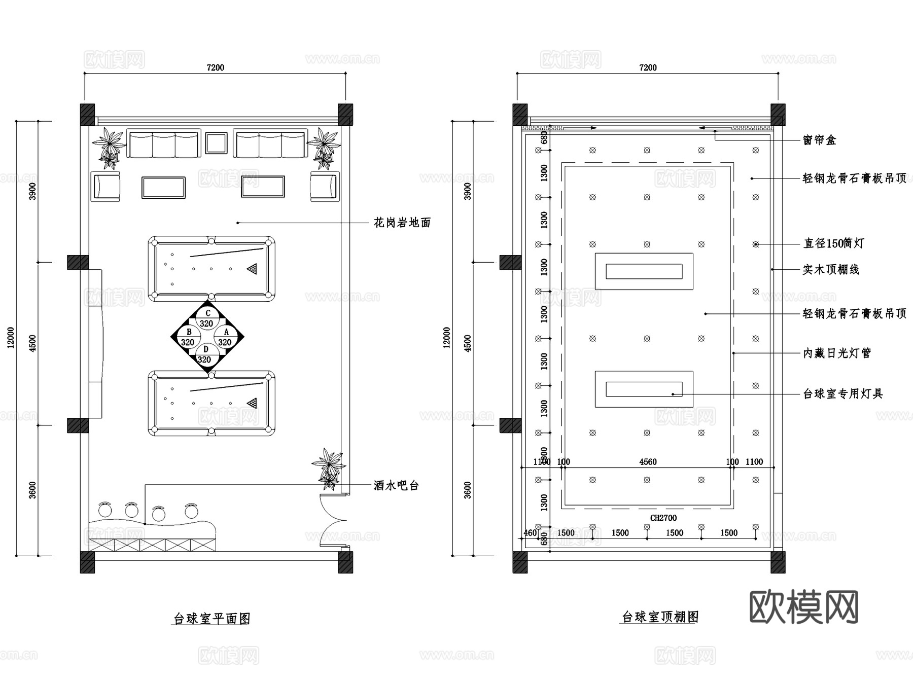 台球厅台球房室内装饰CAD施工图集cad施工图