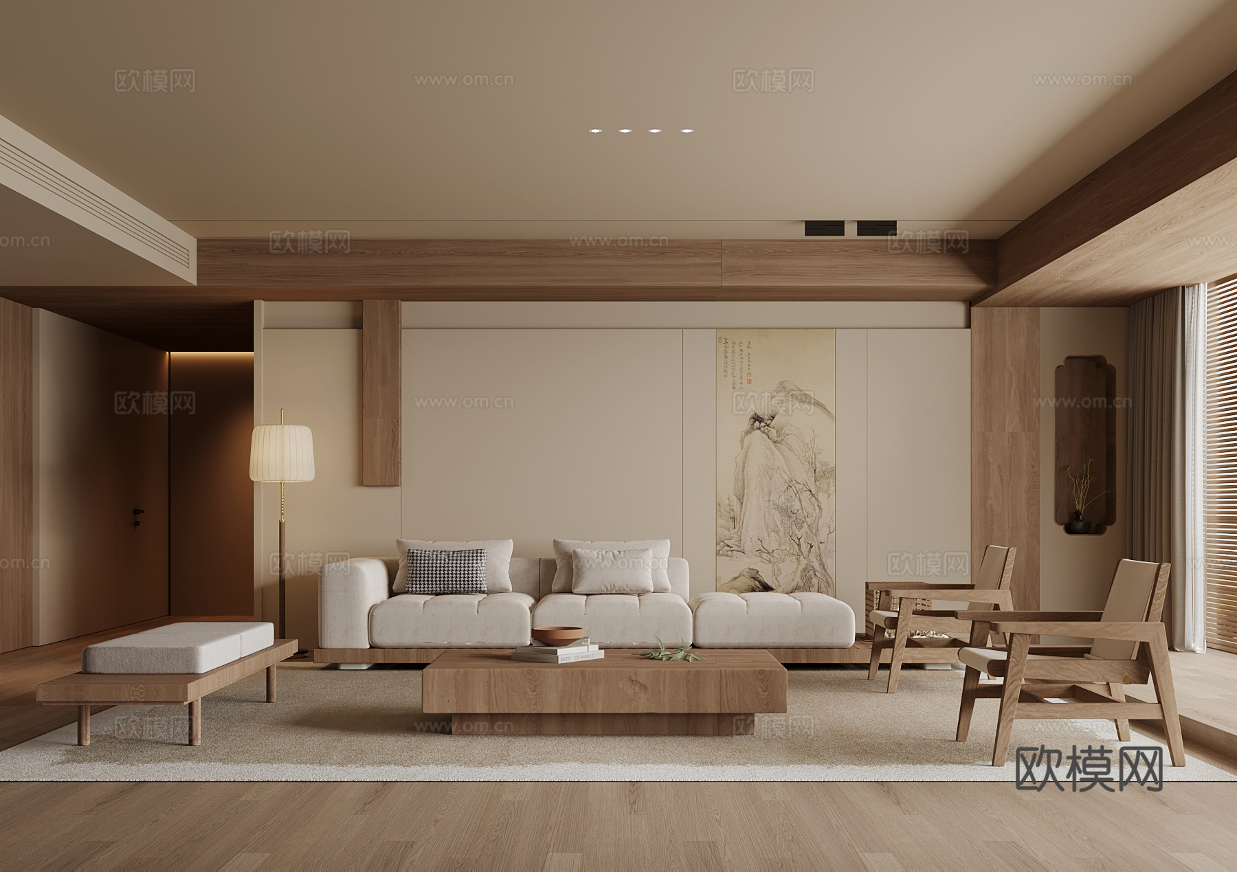 新中式客厅 沙发茶几组合 背景墙su模型