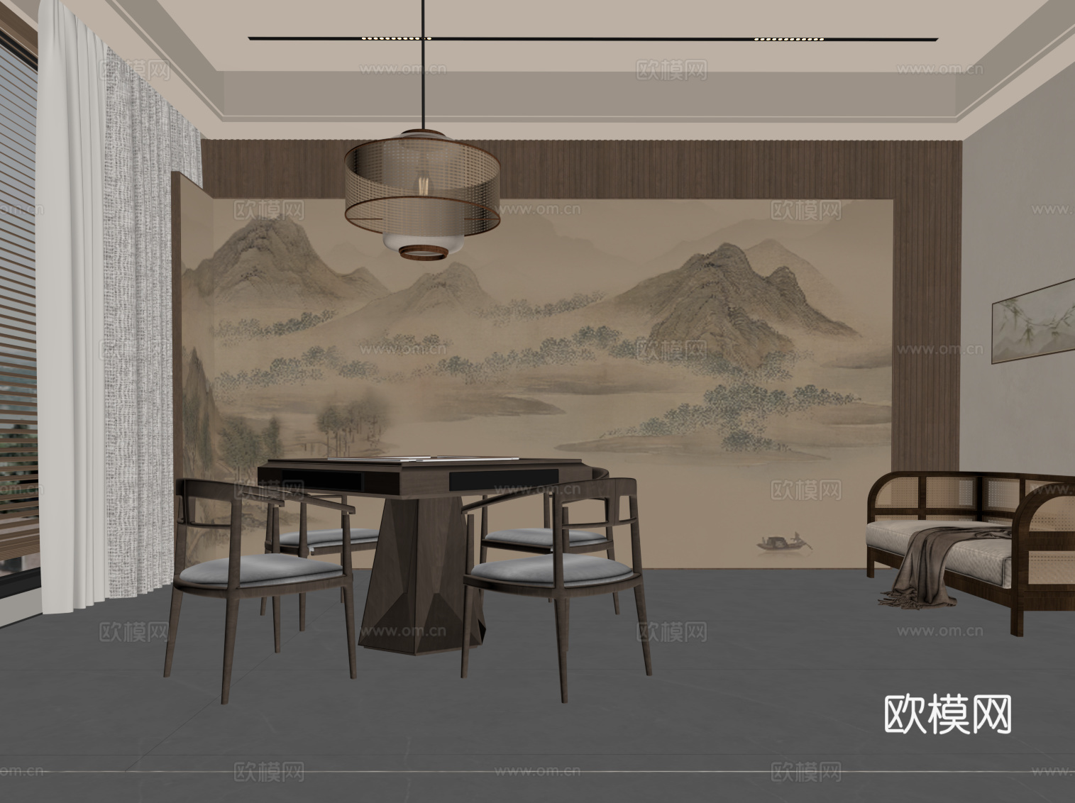 新中式棋牌室 麻将桌 背景墙su模型