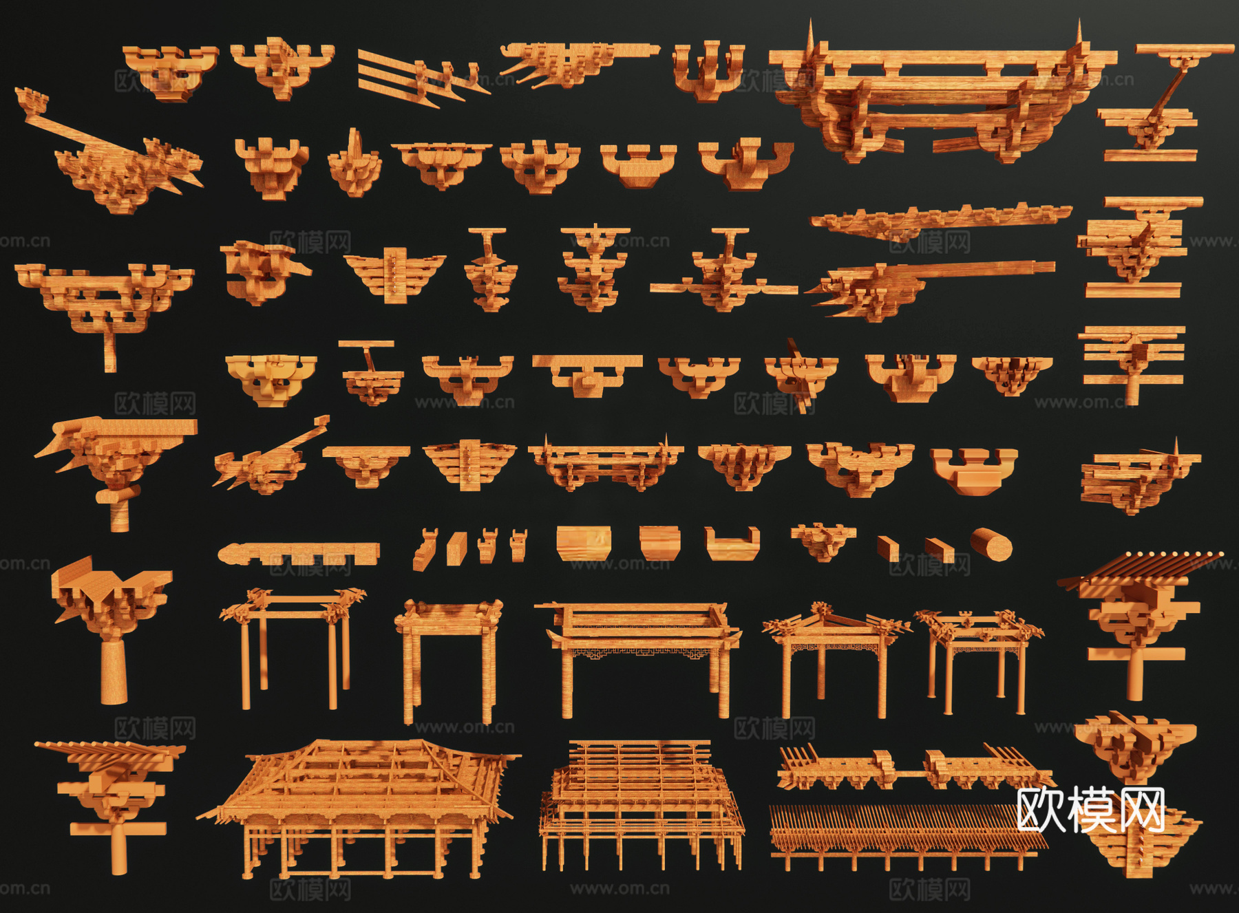中式斗拱 榫卯结构 木梁横梁 古建构件 悬梁结构 古建筑结构3d模型下载