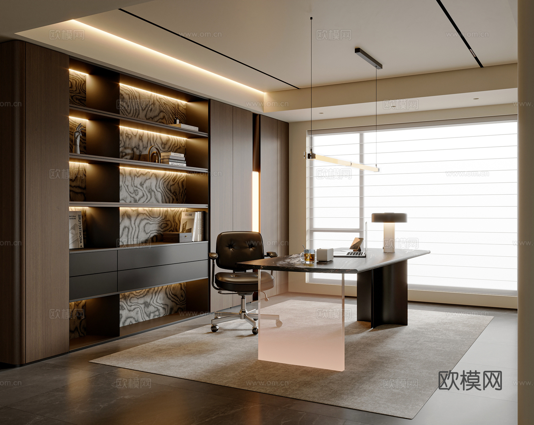 现代意式书房 书桌椅组合 书柜 书房摆件 吊灯 意式书桌3d模型下载