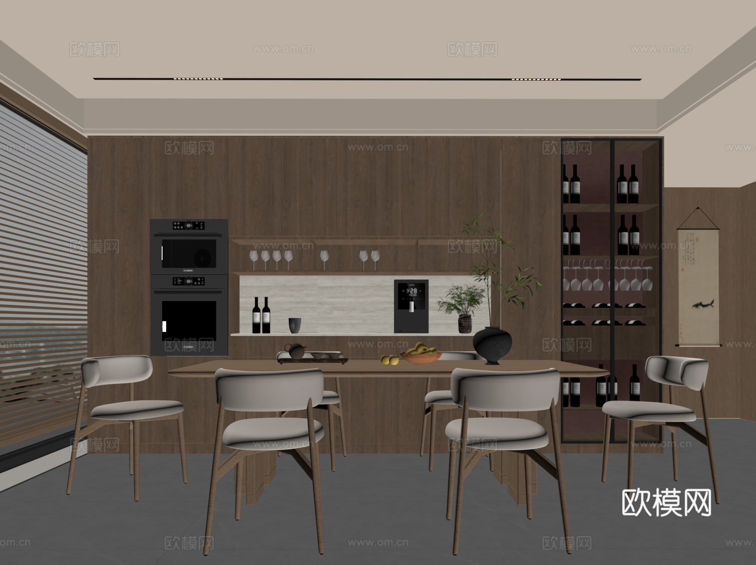 新中式餐厅 餐桌椅 酒柜su模型