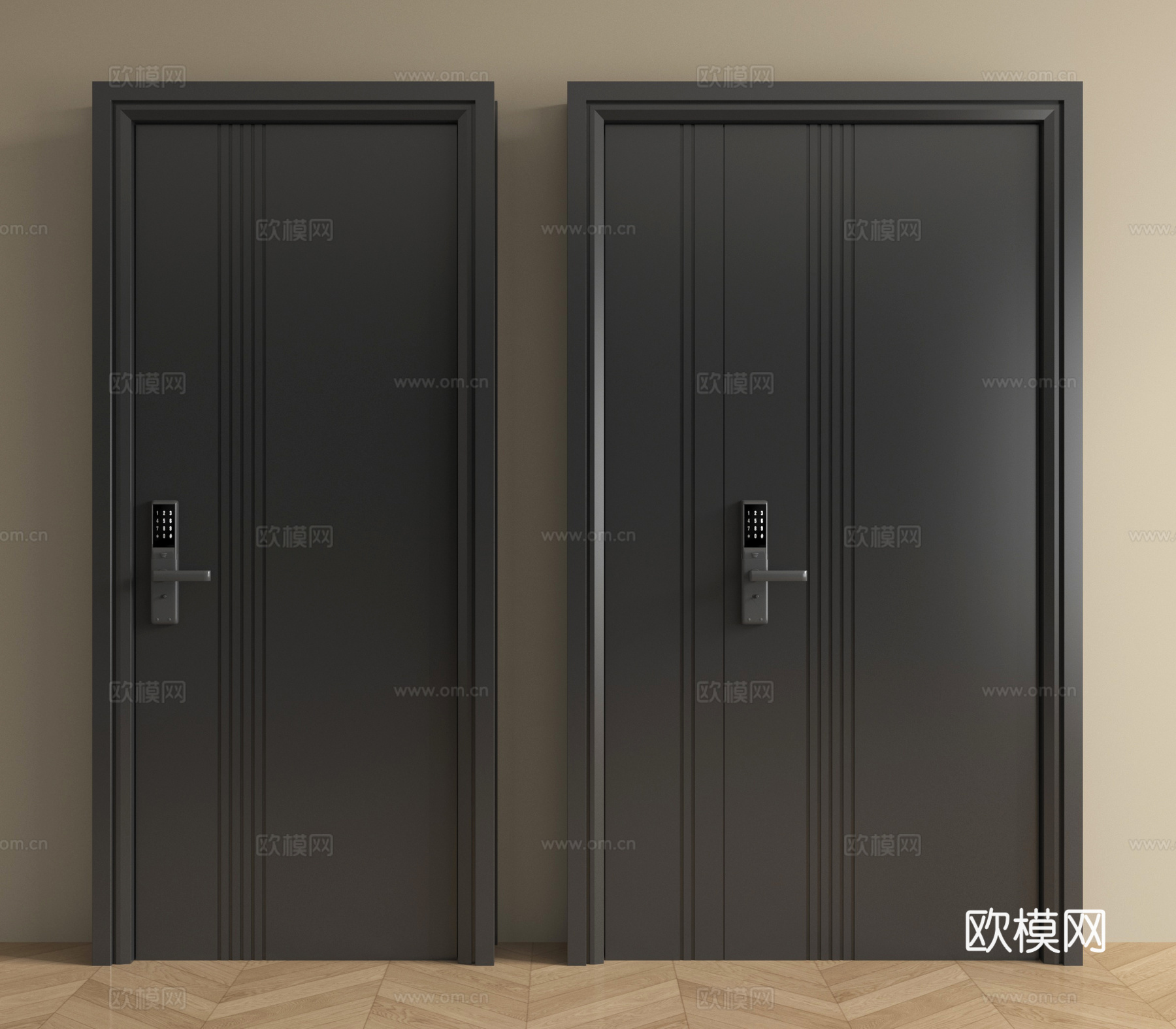 现代防盗门组合  单开门 子母门  平开门指纹锁门su模型
