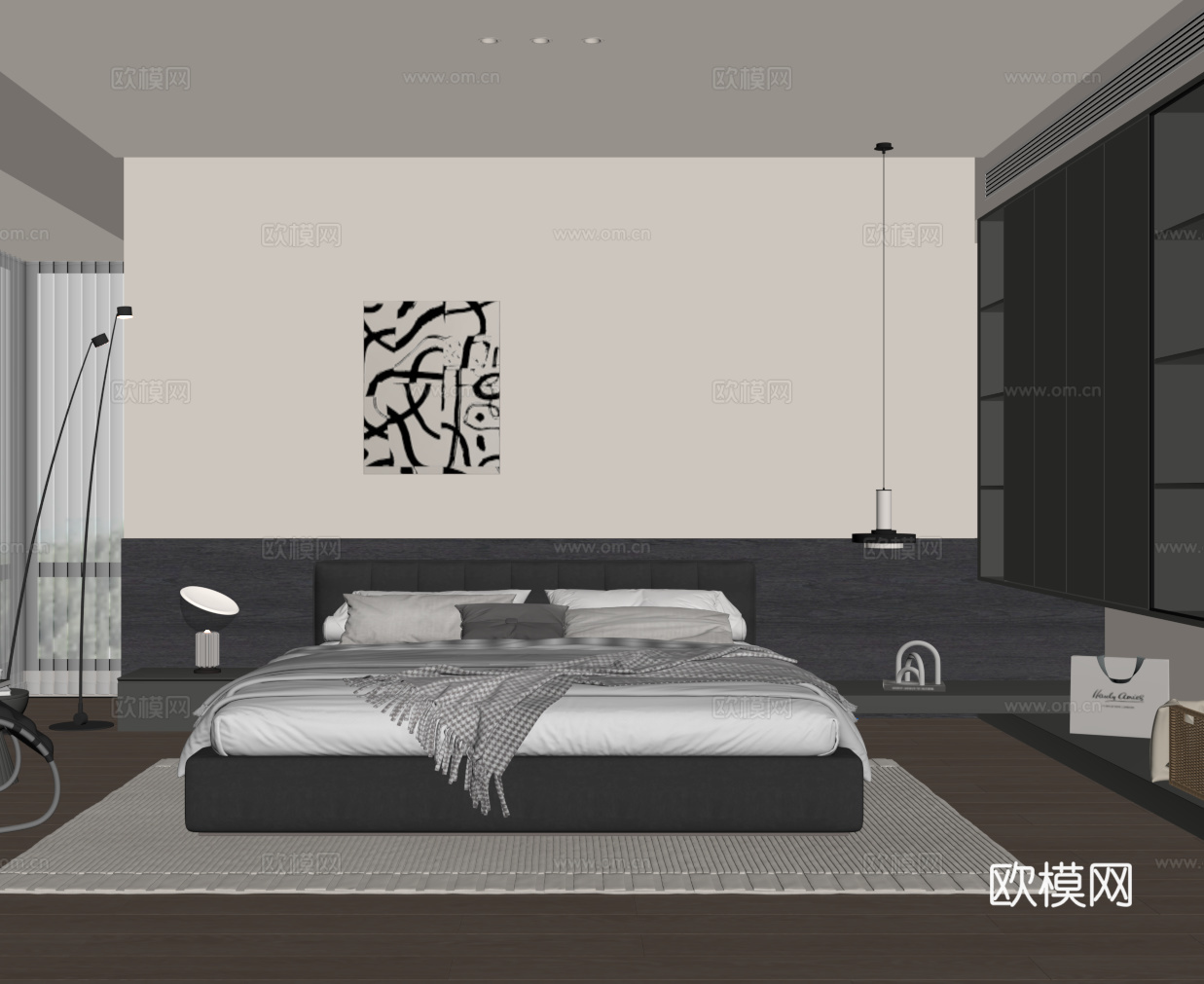 意式卧室 休闲椅 真皮双人床su模型