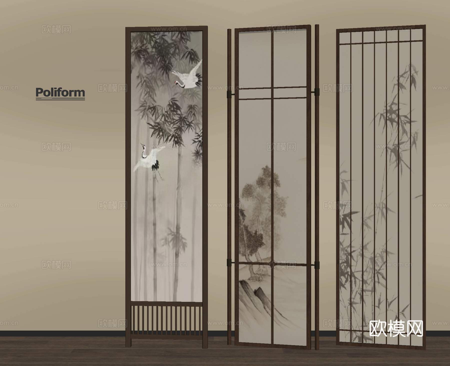 新中式屏风隔断 木屏风 格栅屏风su模型