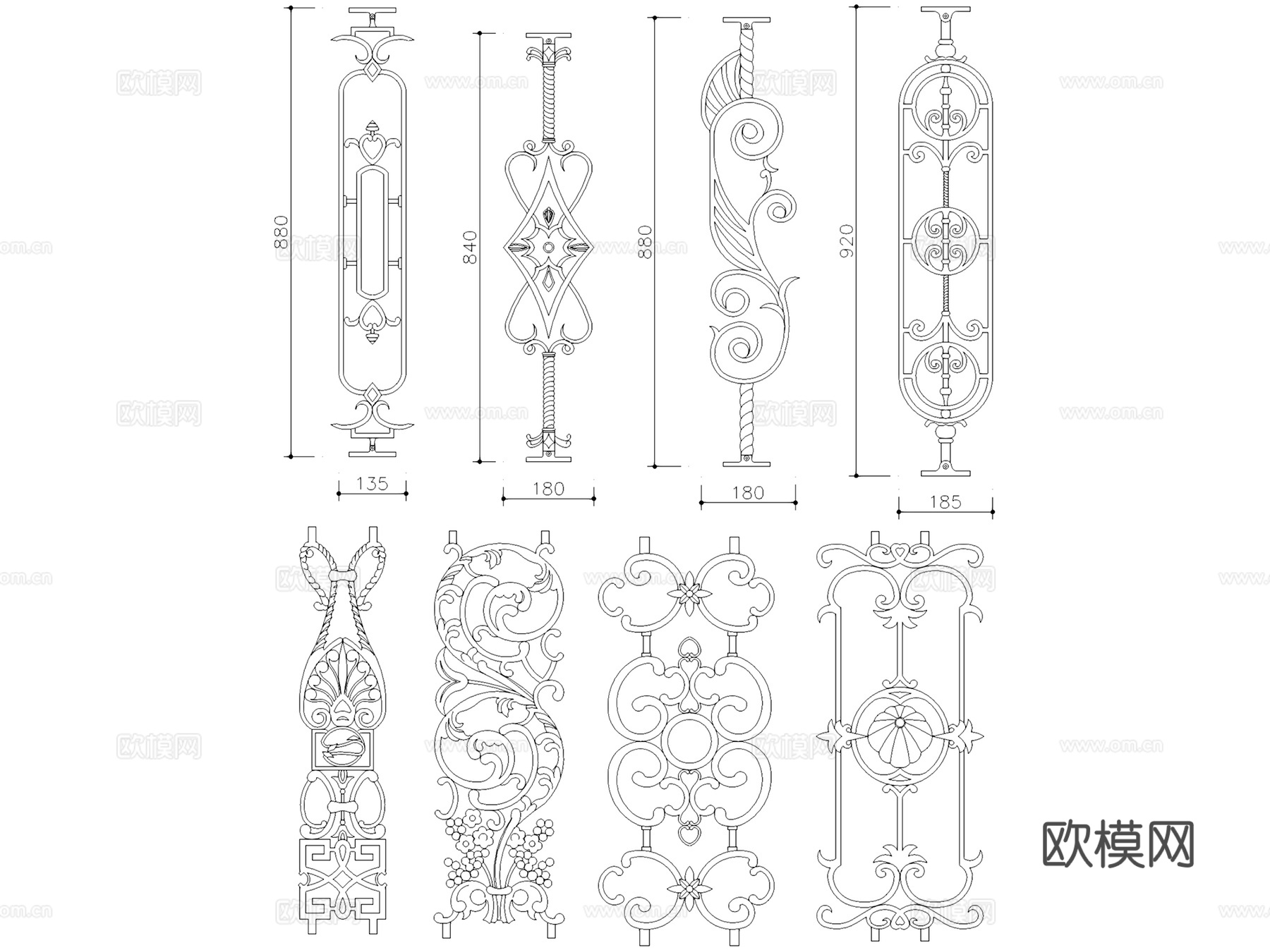 铁艺栏杆构造纹样节点大样详图CAD施工图集 18套cad施工图