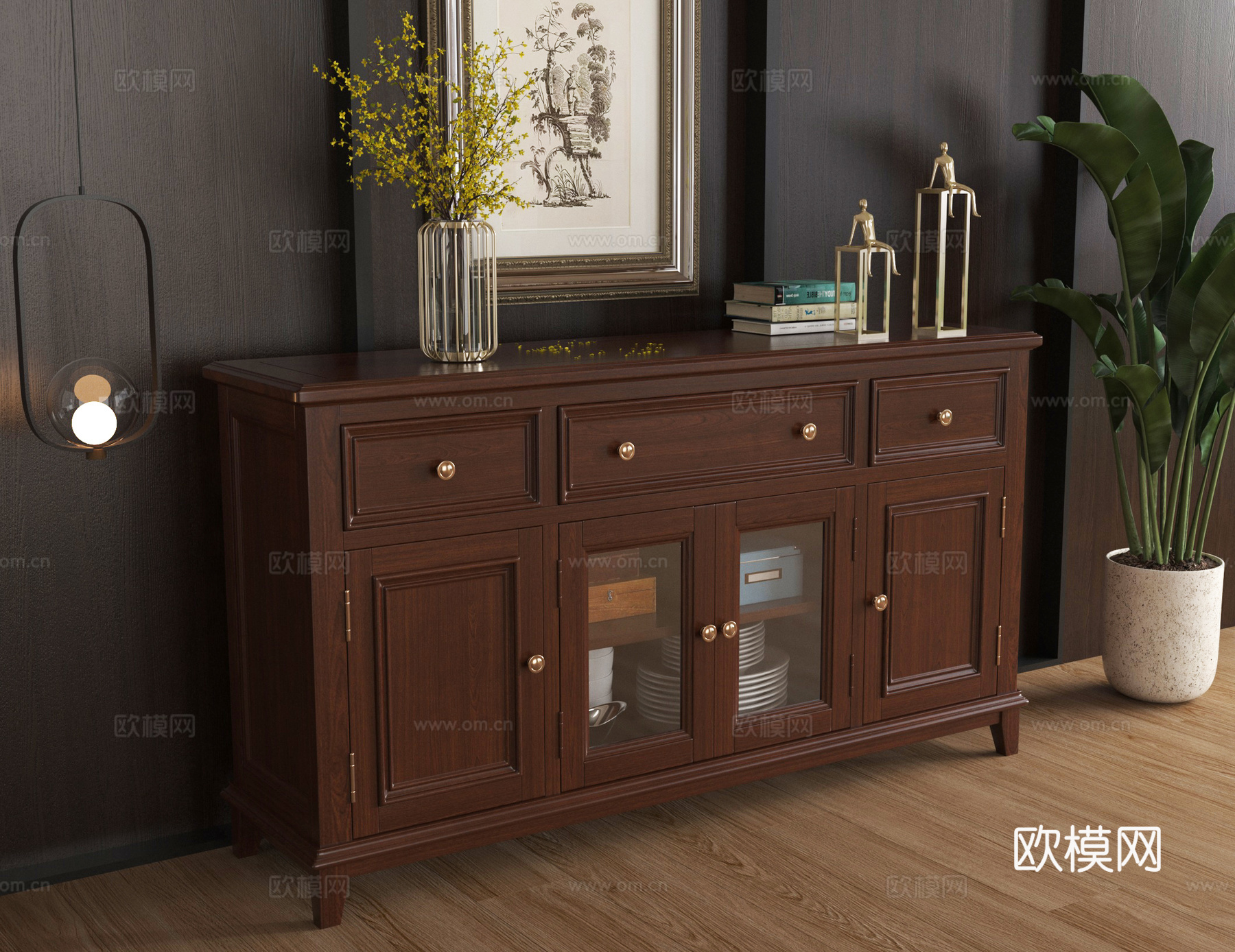 美式餐边柜 边柜 装饰柜 储物柜 绿植 摆件3d模型下载