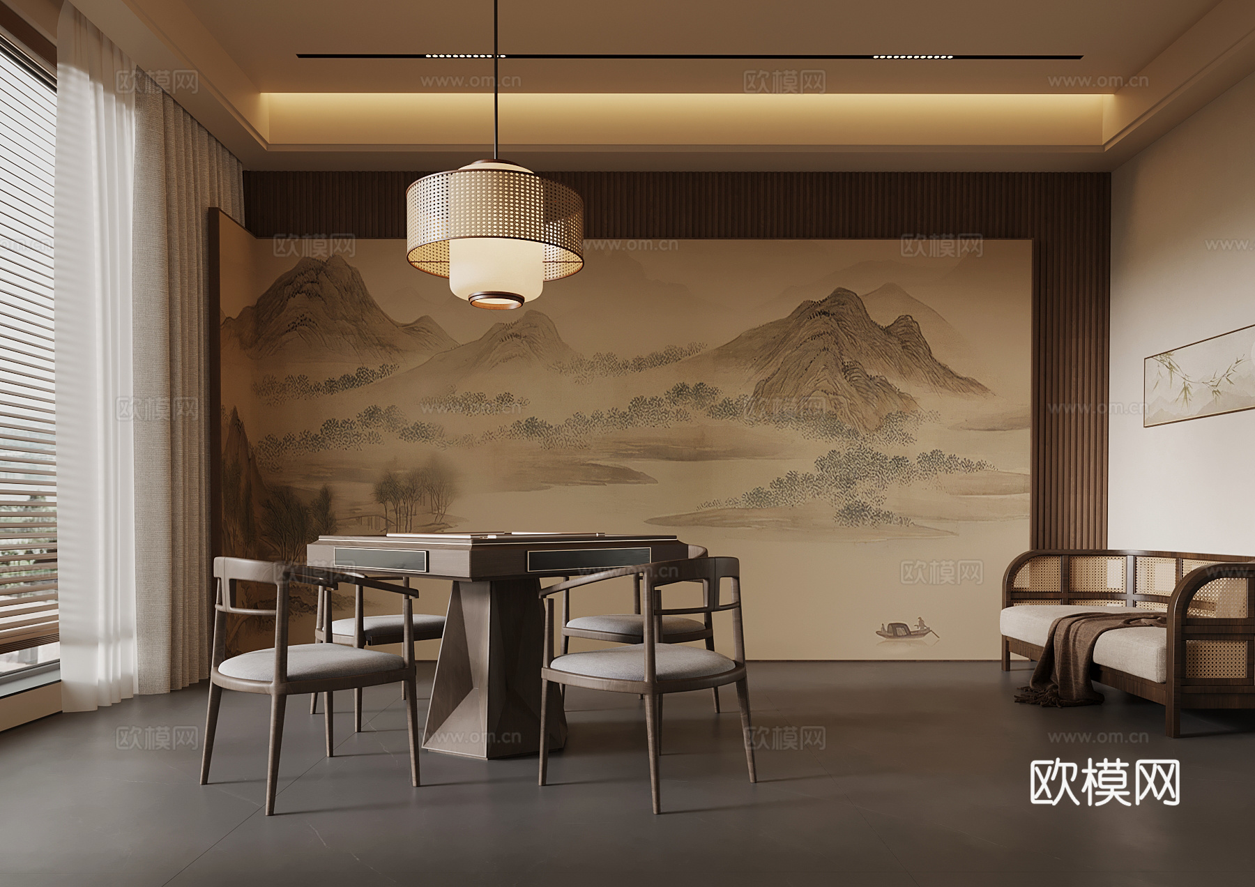 新中式棋牌室 麻将桌 背景墙su模型