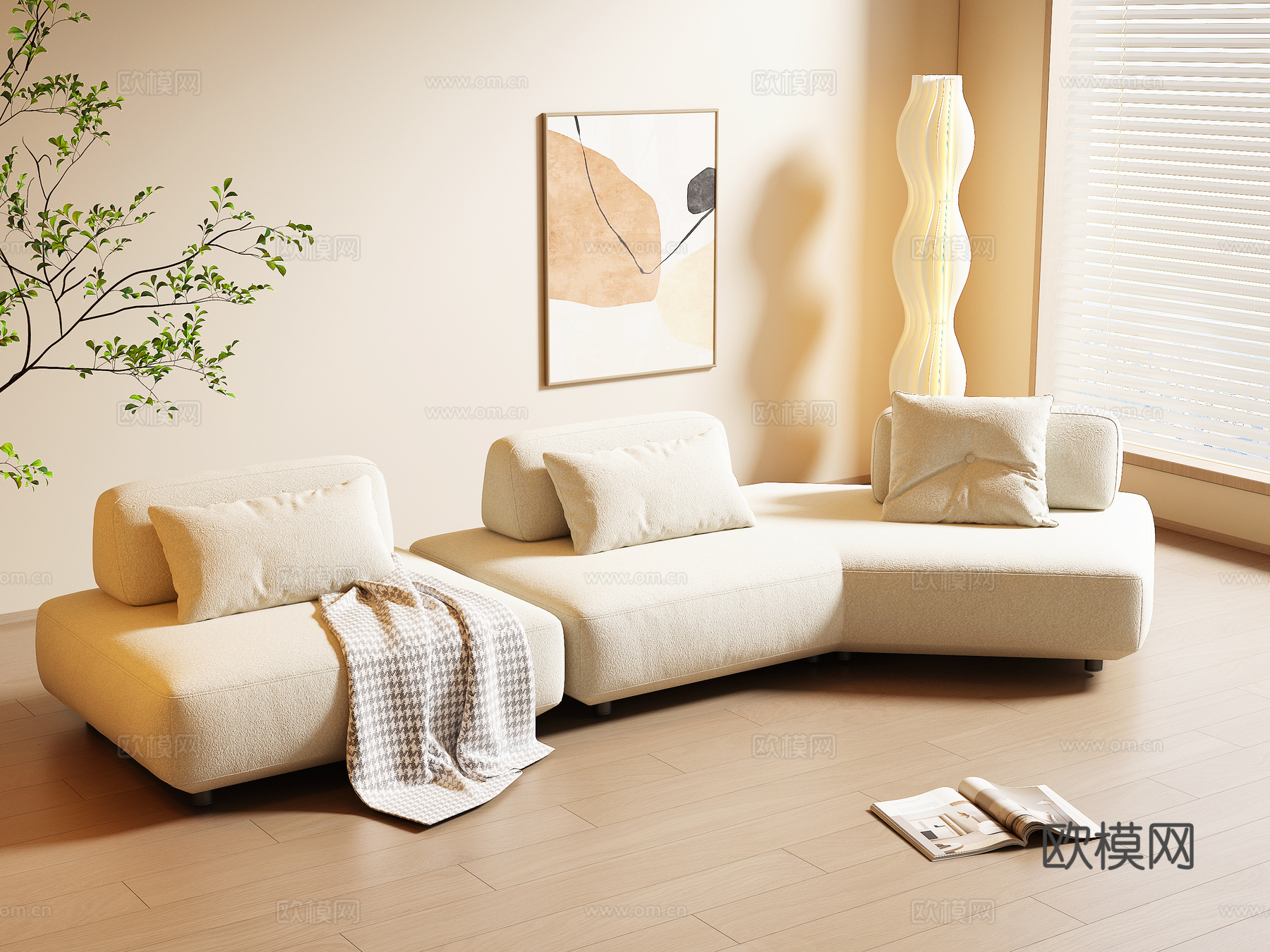 现代奶油风三人沙发3d模型下载