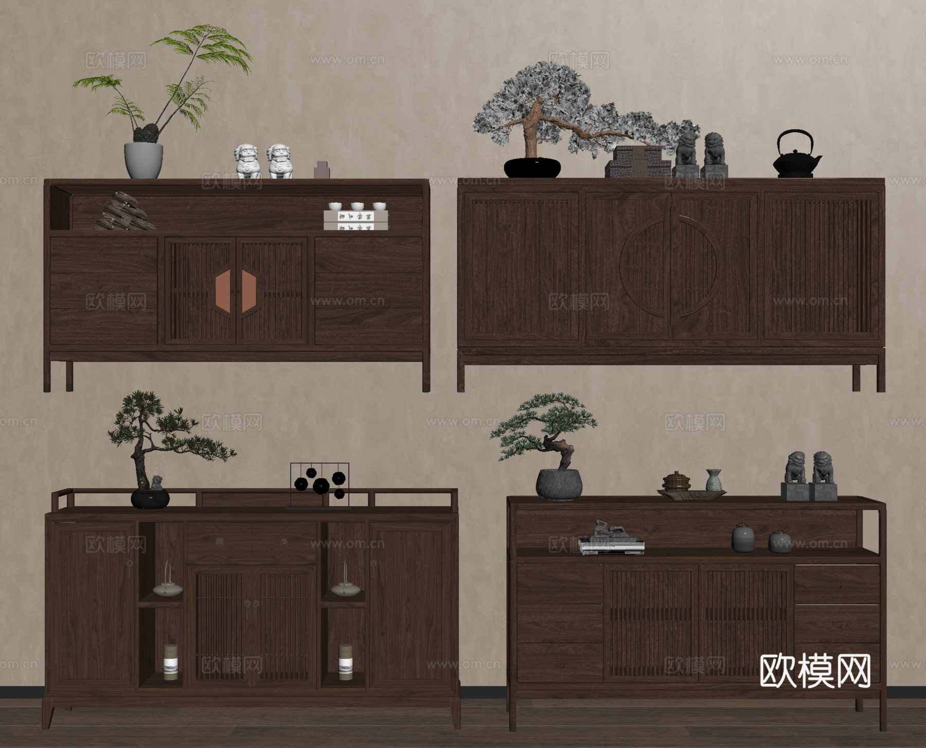 新中式餐边柜 装饰柜 玄关柜 矮柜 茶水柜su模型