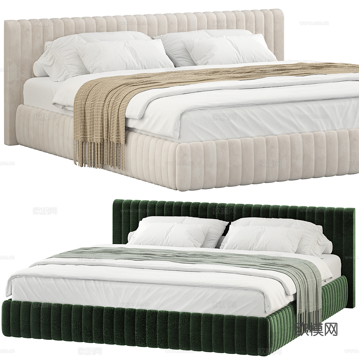 Nico现代绿色天鹅绒双人床3d模型3d模型下载（渲染图4）