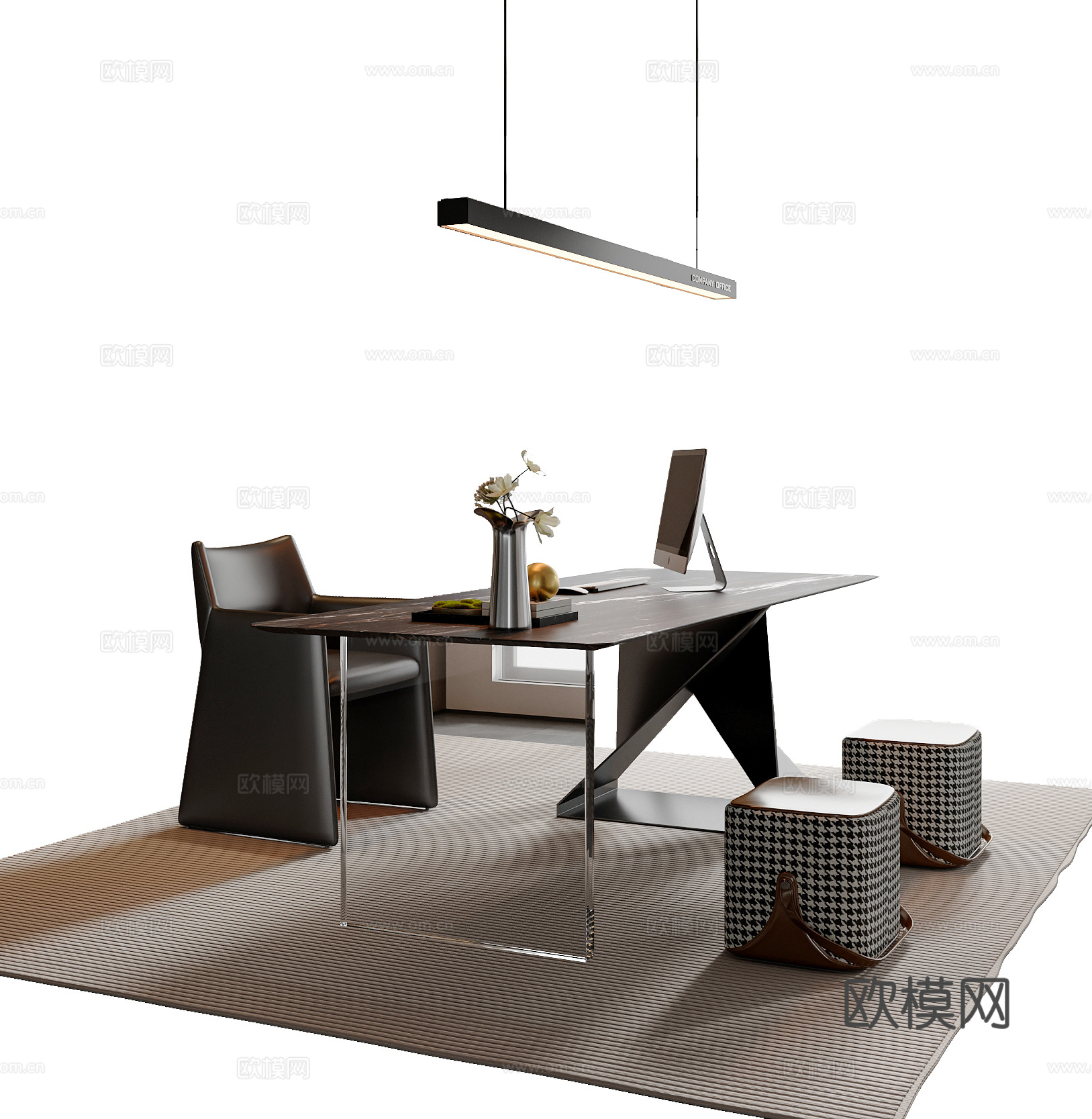 现代意式书桌椅组合  意式书桌 书椅 吊灯 书桌摆件3d模型下载