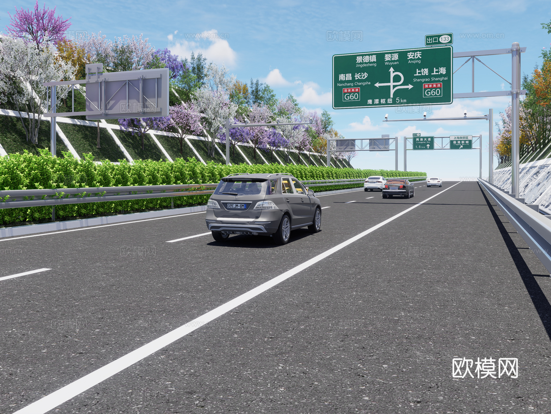 现代高速公路 高速道路 护坡 路障 汽车 边坡 交通指示牌su模型
