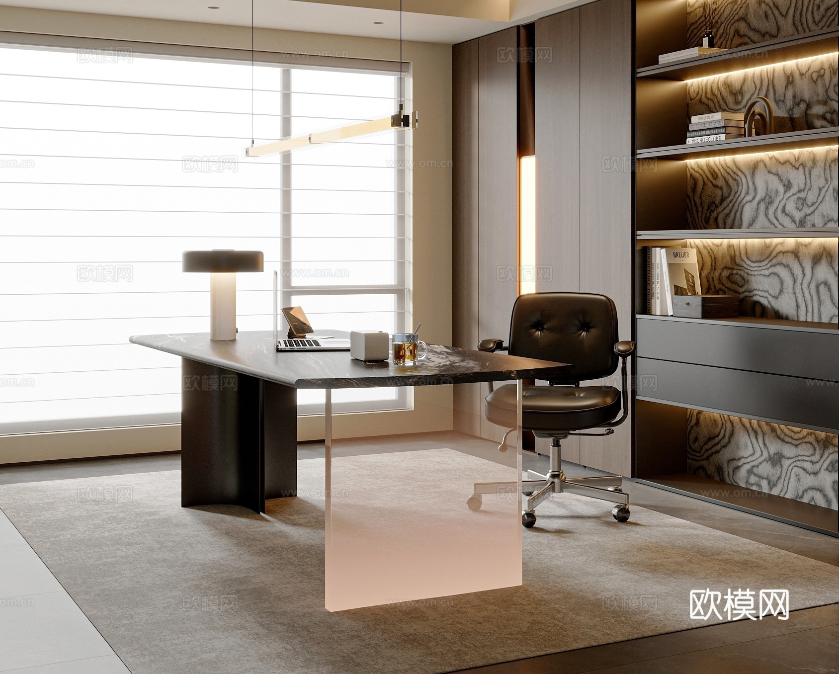 现代意式书桌椅组合 书柜 意式书桌 书椅 吊灯 书桌摆件3d模型下载