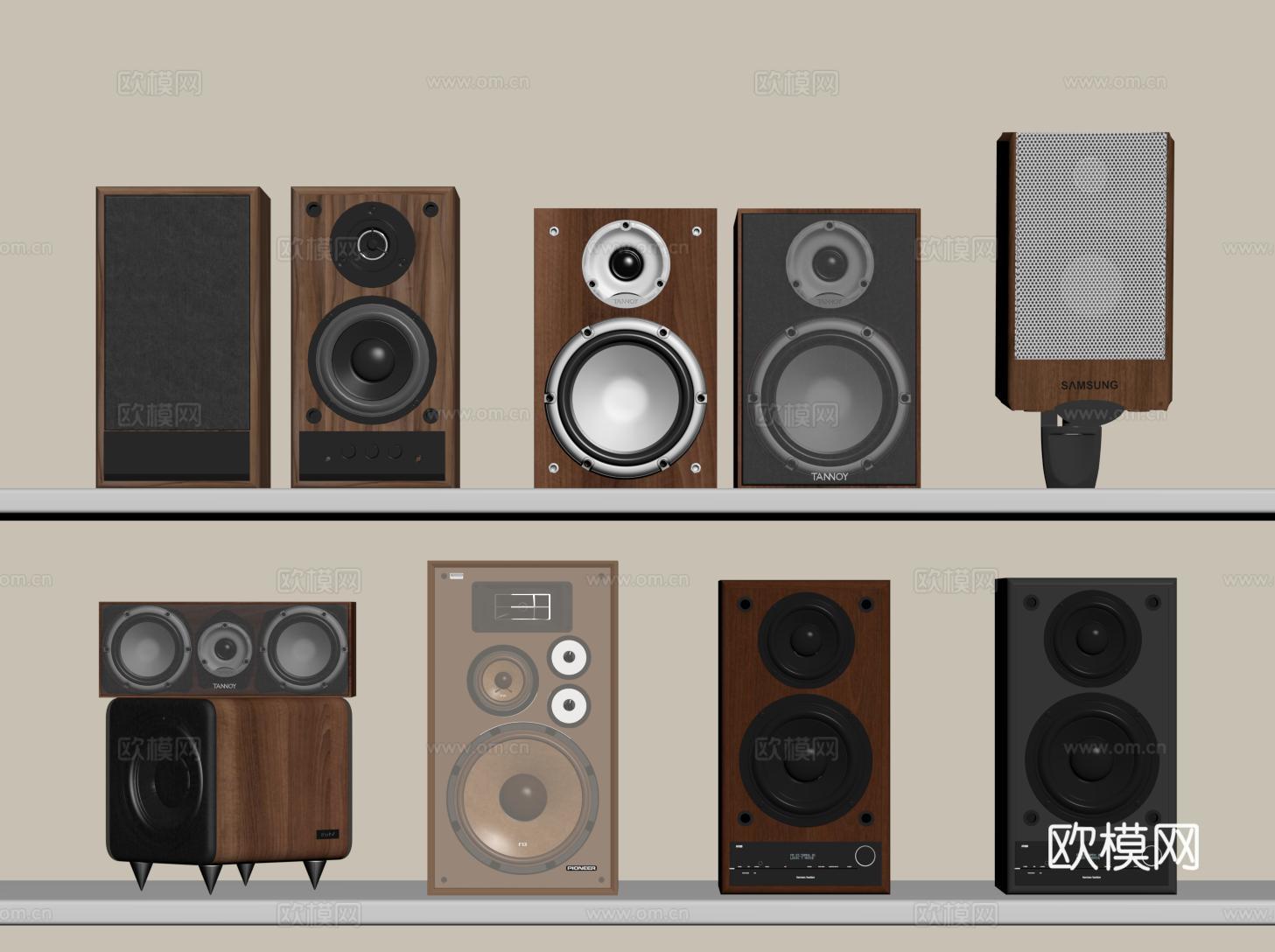 现代低音炮音响 复古立式音箱 书架音响 木质音响su模型