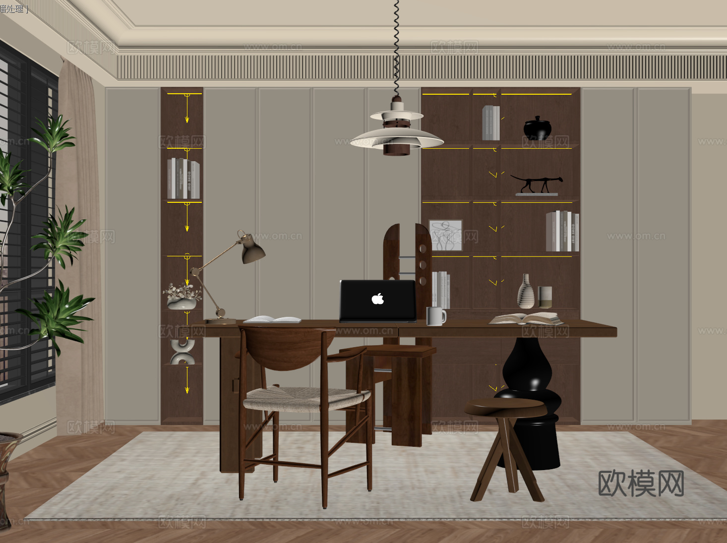 中古书房 侘寂书桌椅 书柜 盆栽 小吊灯su模型