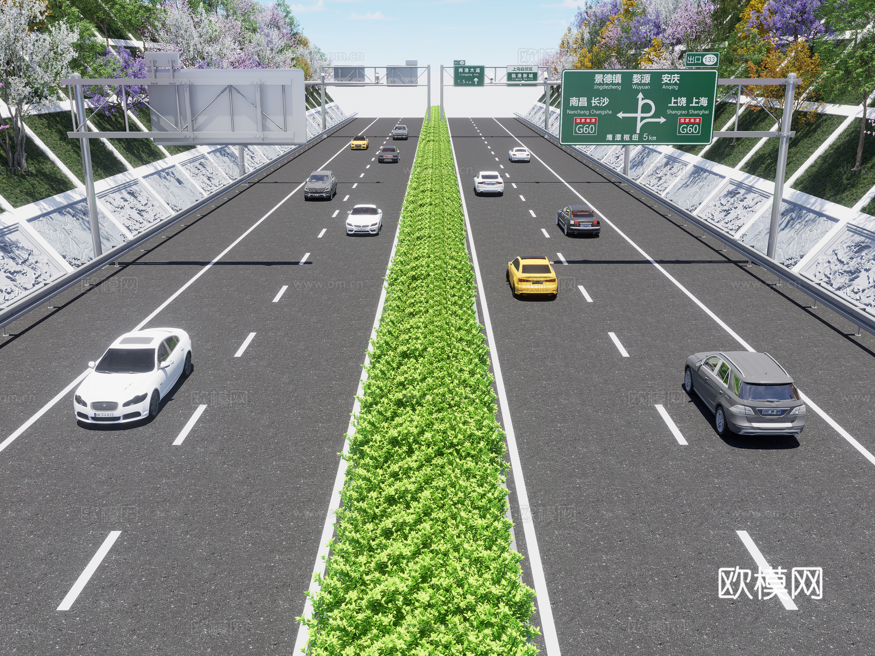 现代高速公路 高速道路 护坡 路障 汽车 边坡 交通指示牌su模型