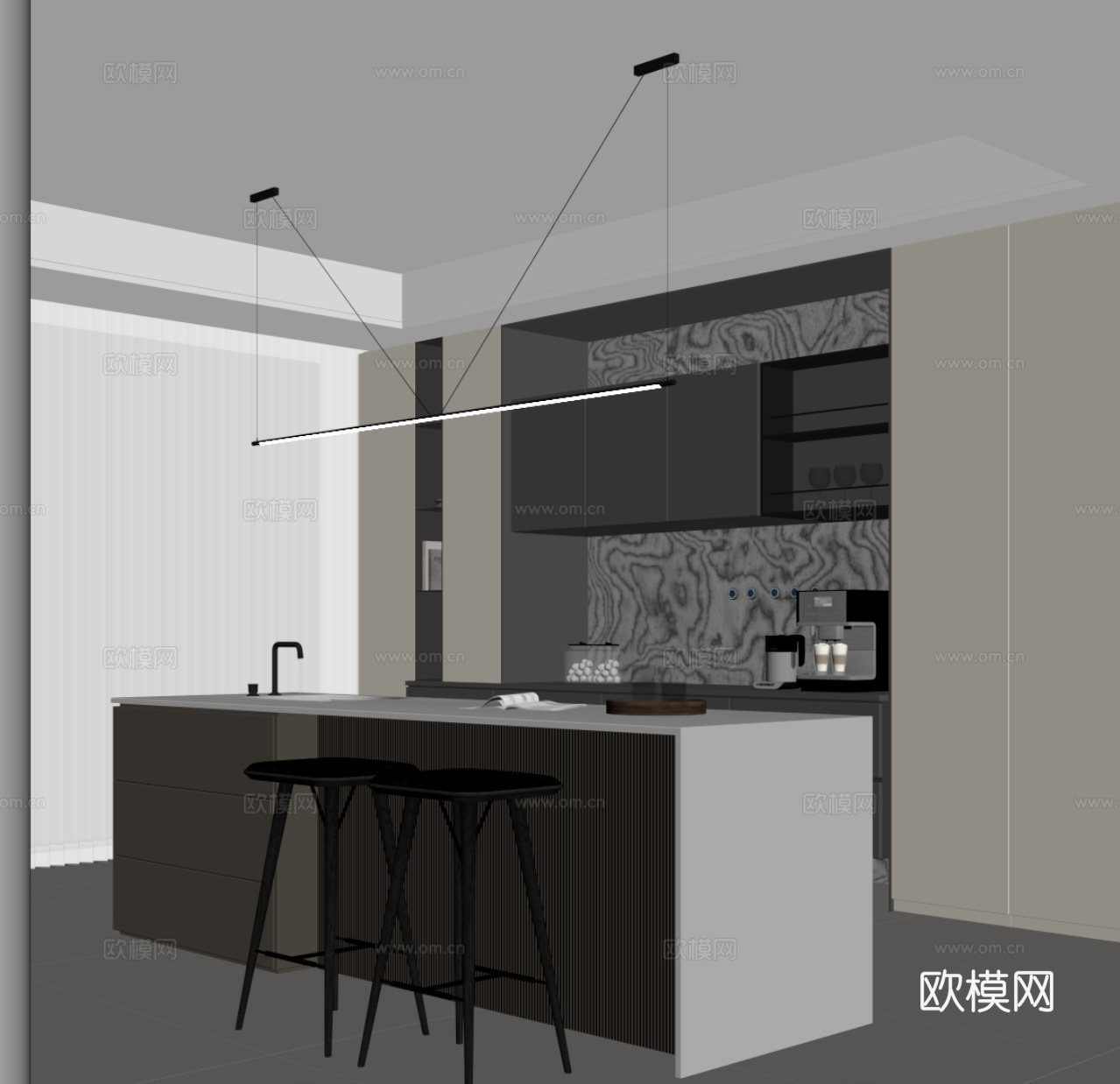 现代意式餐厅 吧台 酒柜 餐桌椅su模型