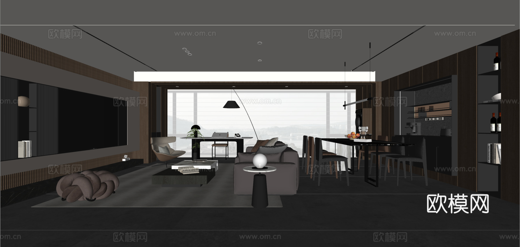 现代意式客餐厅 大平层 沙发茶几 餐桌椅 电视背景墙 餐边柜su模型