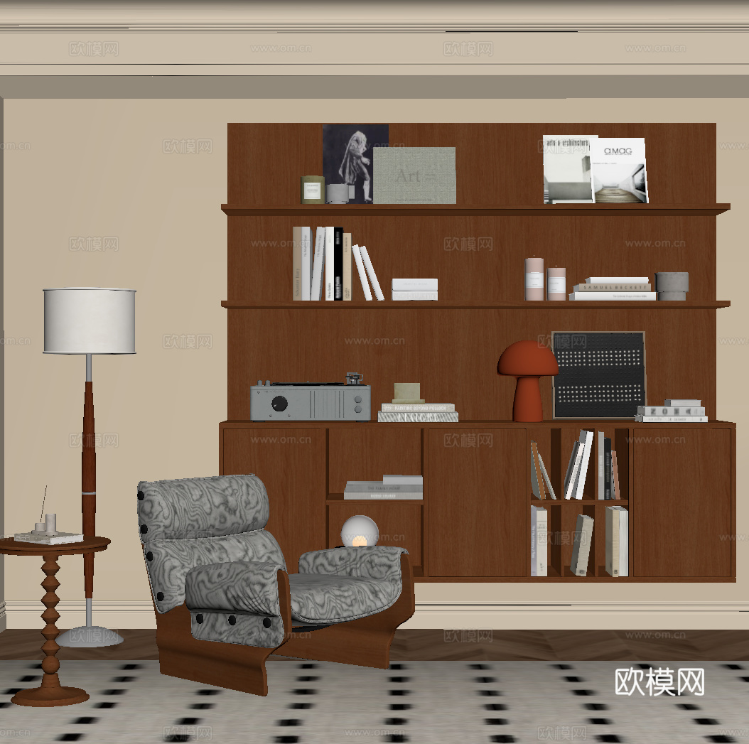 中古风书柜 休闲椅 落地灯su模型