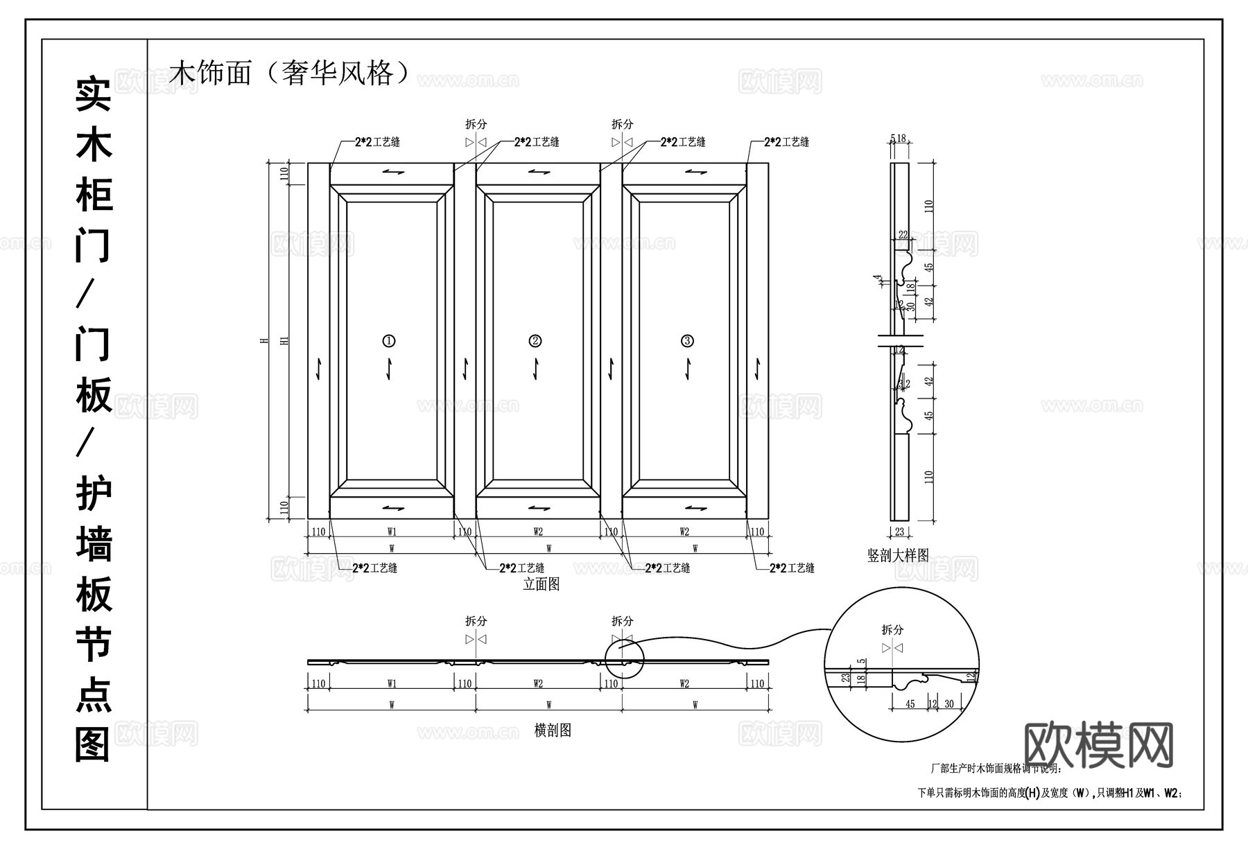 实木门板 门板 护墙板节点图cad施工图