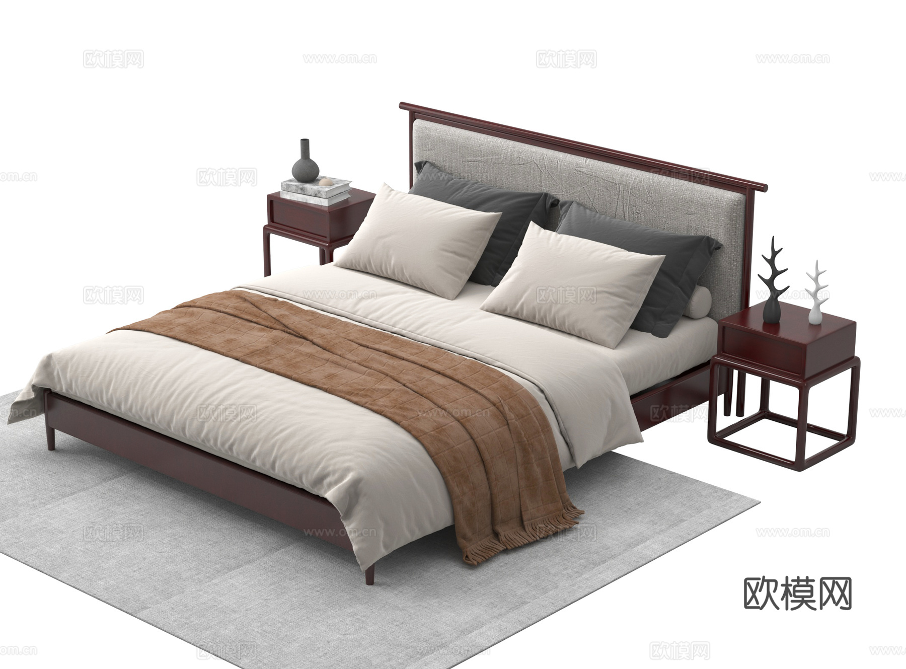 新中式双人床 布艺双人床 床头柜 床品3d模型下载
