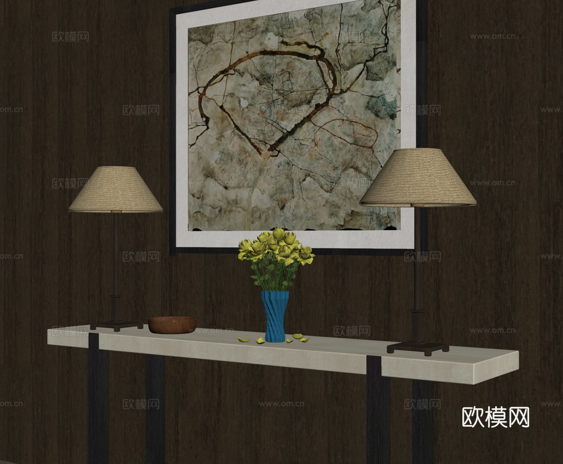 中古端景玄关柜 大理石条案 台灯摆件 挂画su模型