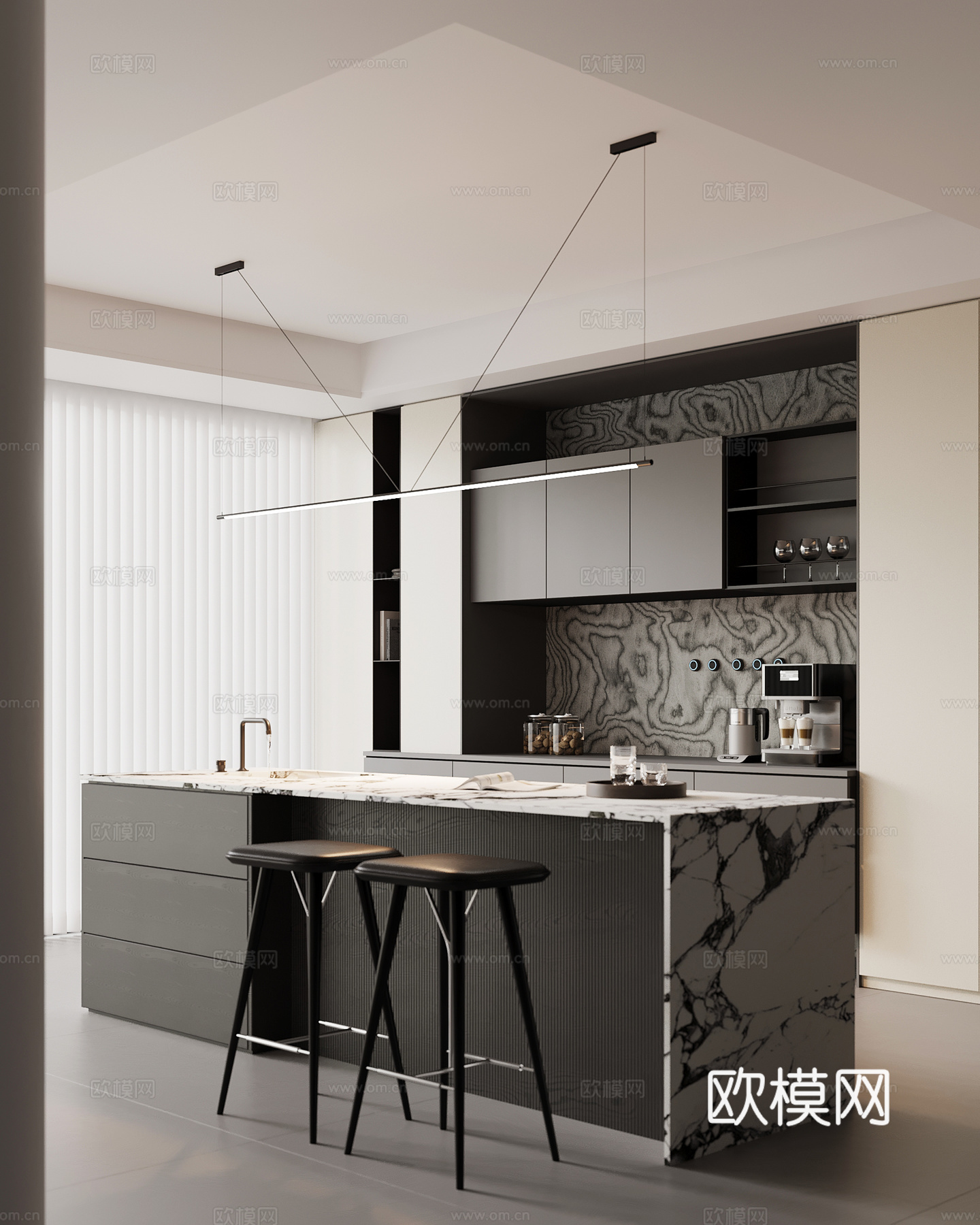 现代意式餐厅 吧台 酒柜 餐桌椅su模型