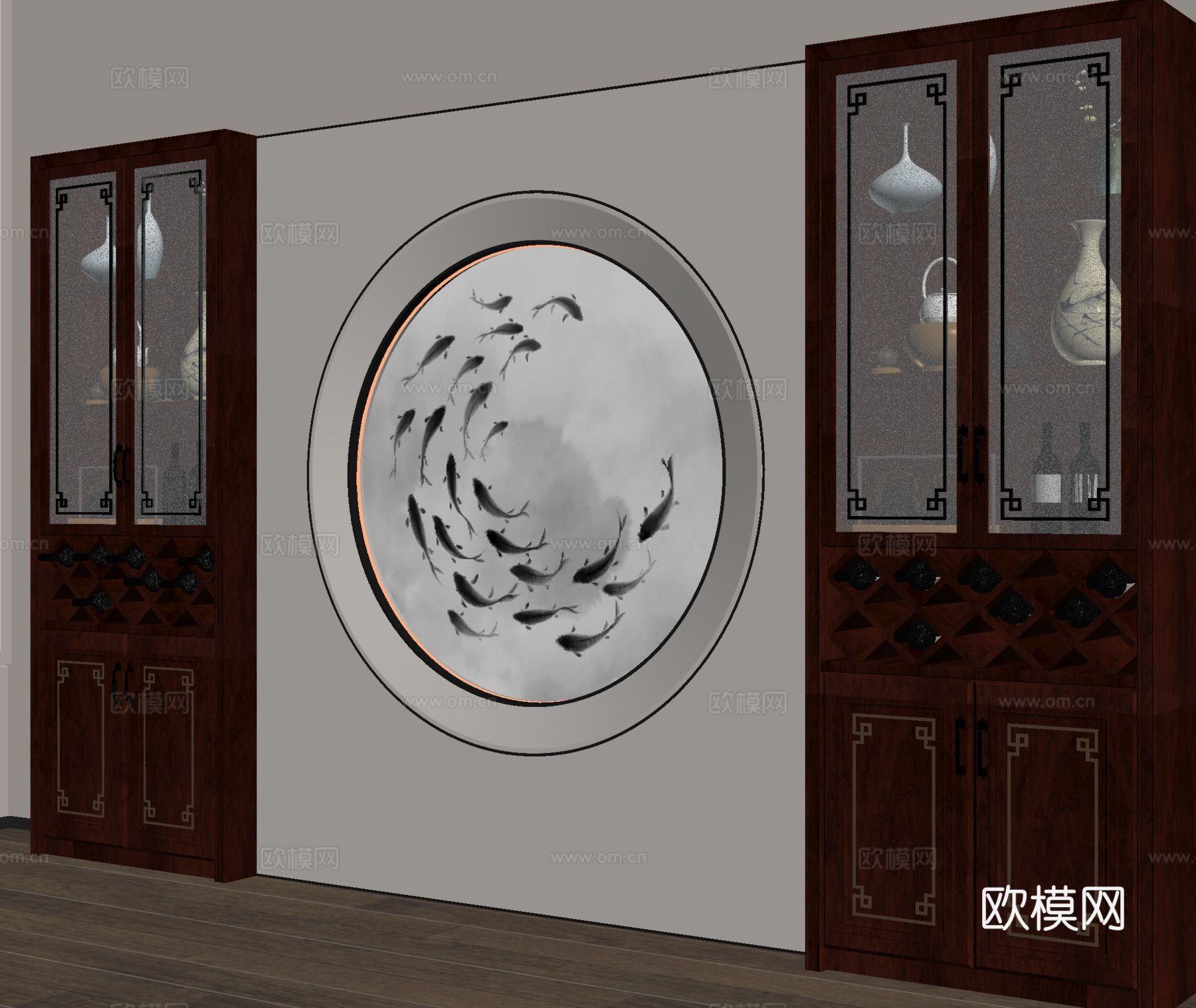 新中式餐边柜 装饰柜 玄关柜 酒柜 高柜su模型