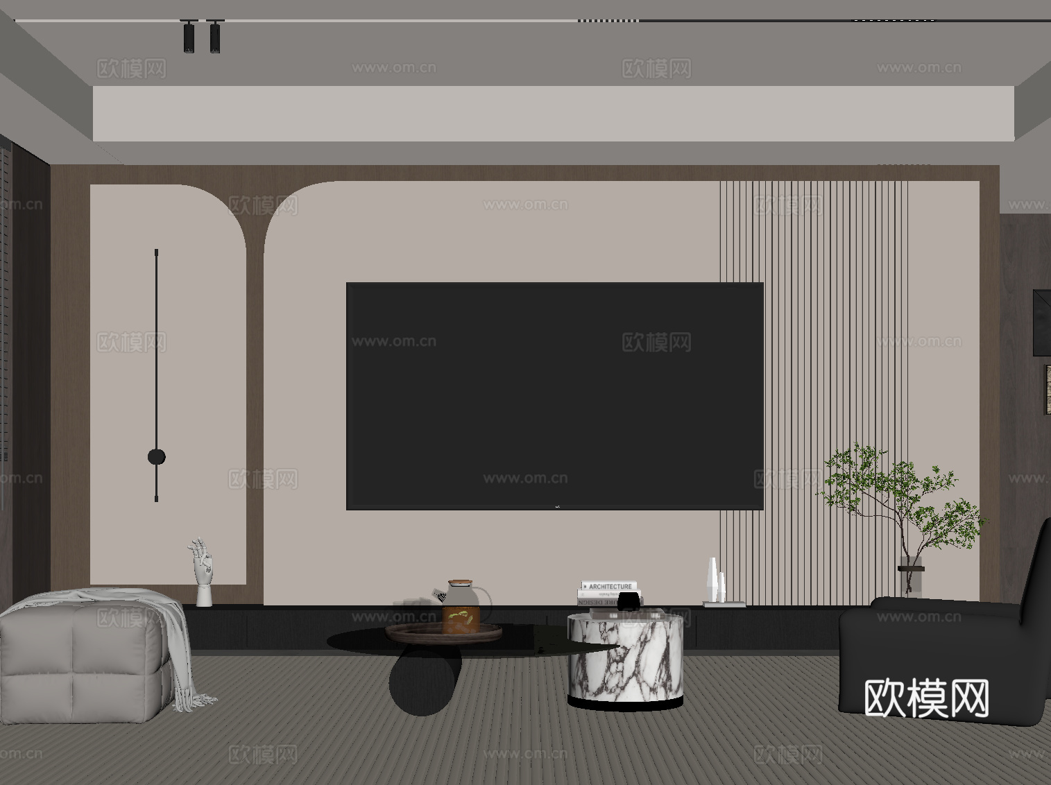 现代意式客厅 电视背景墙su模型