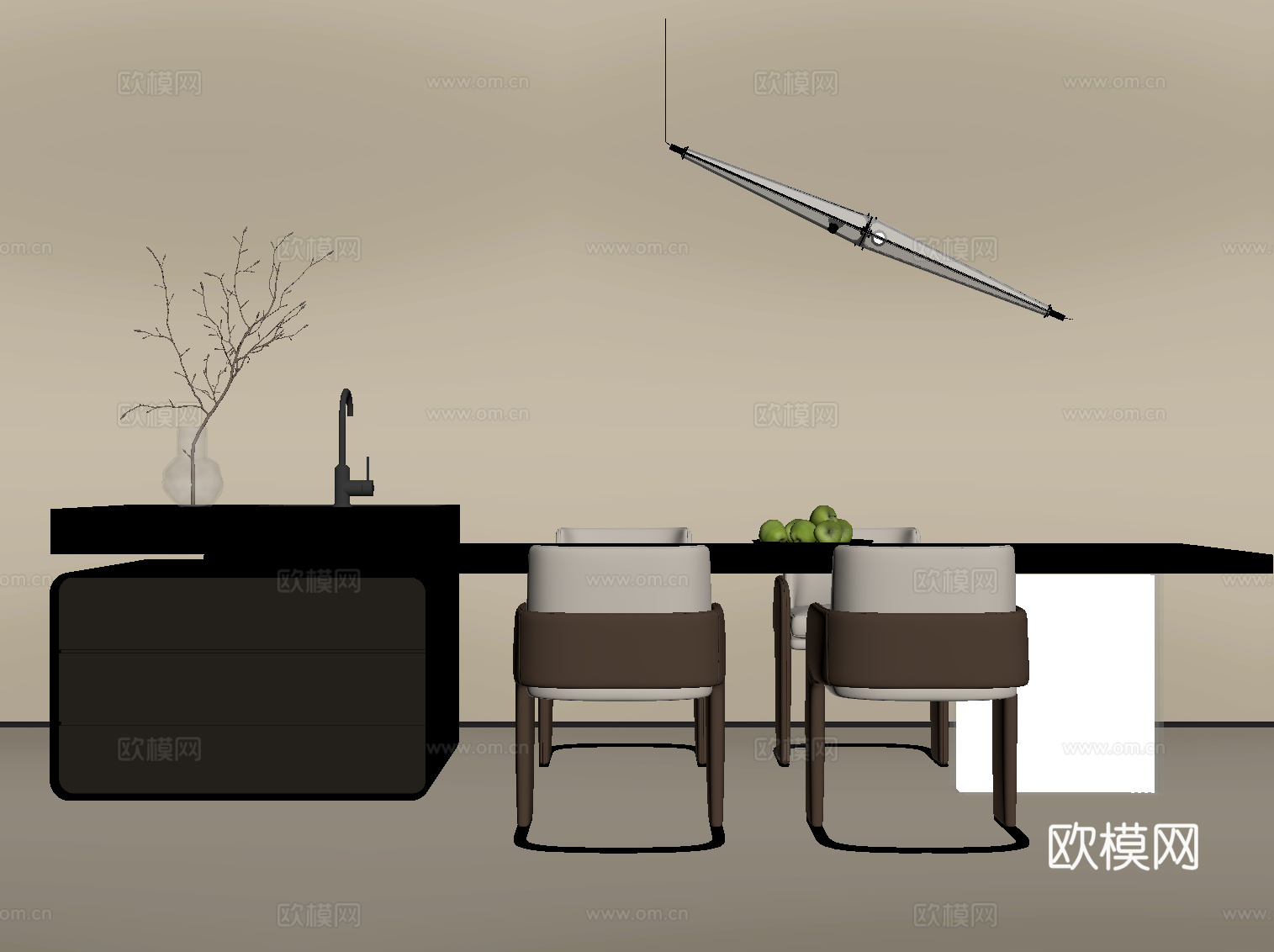 现代岛台 餐桌椅 吊灯su模型