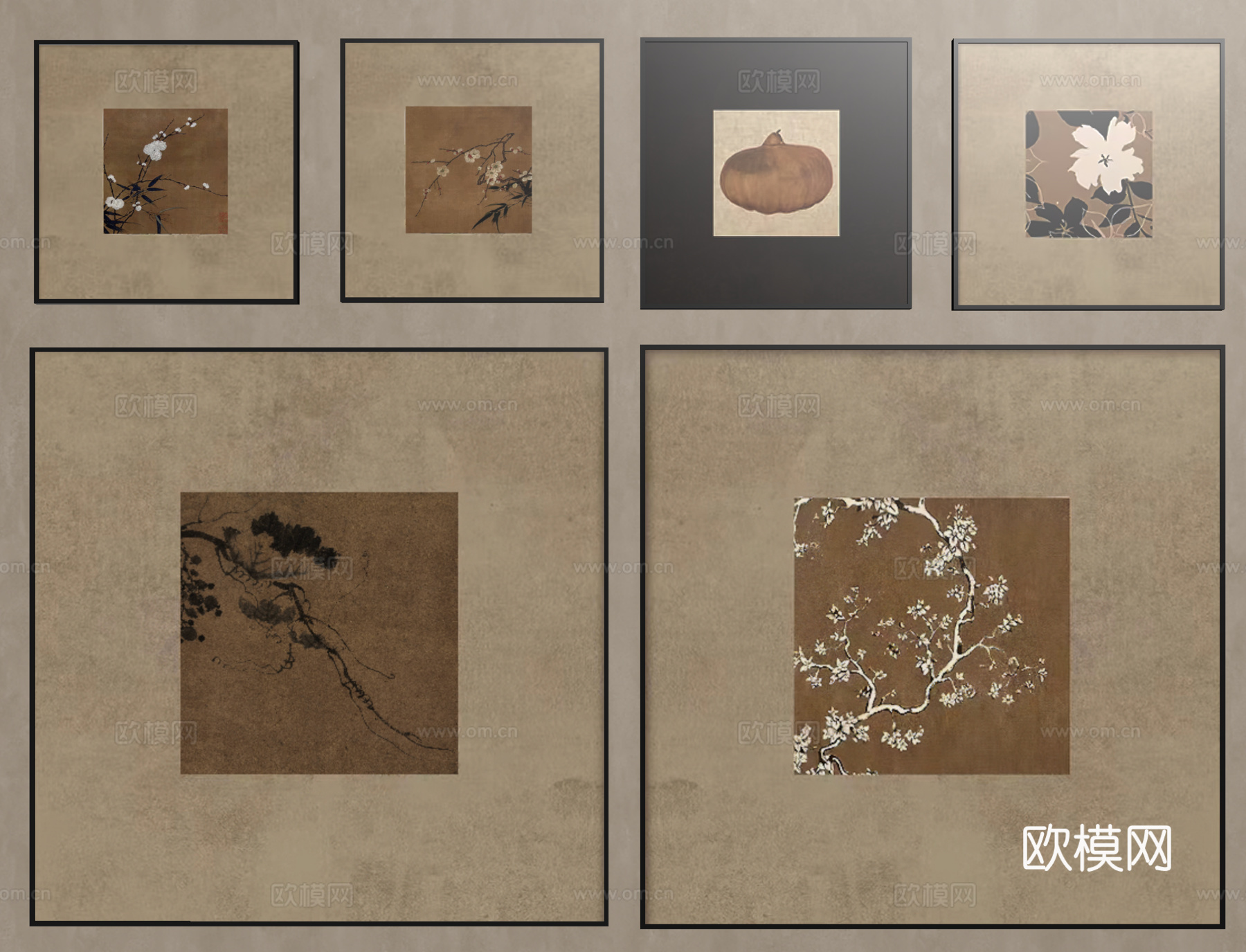 中古风挂画组合 装饰挂画su模型