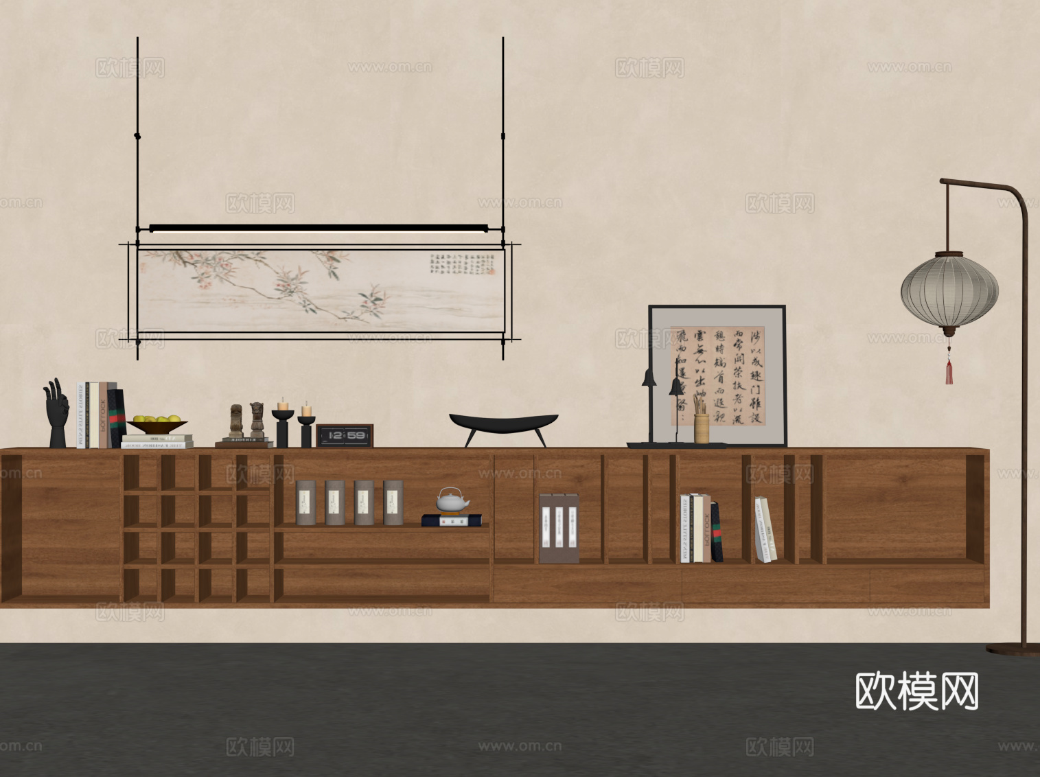 新中式书柜 矮柜 装饰柜 电视柜 落地灯 装饰画su模型