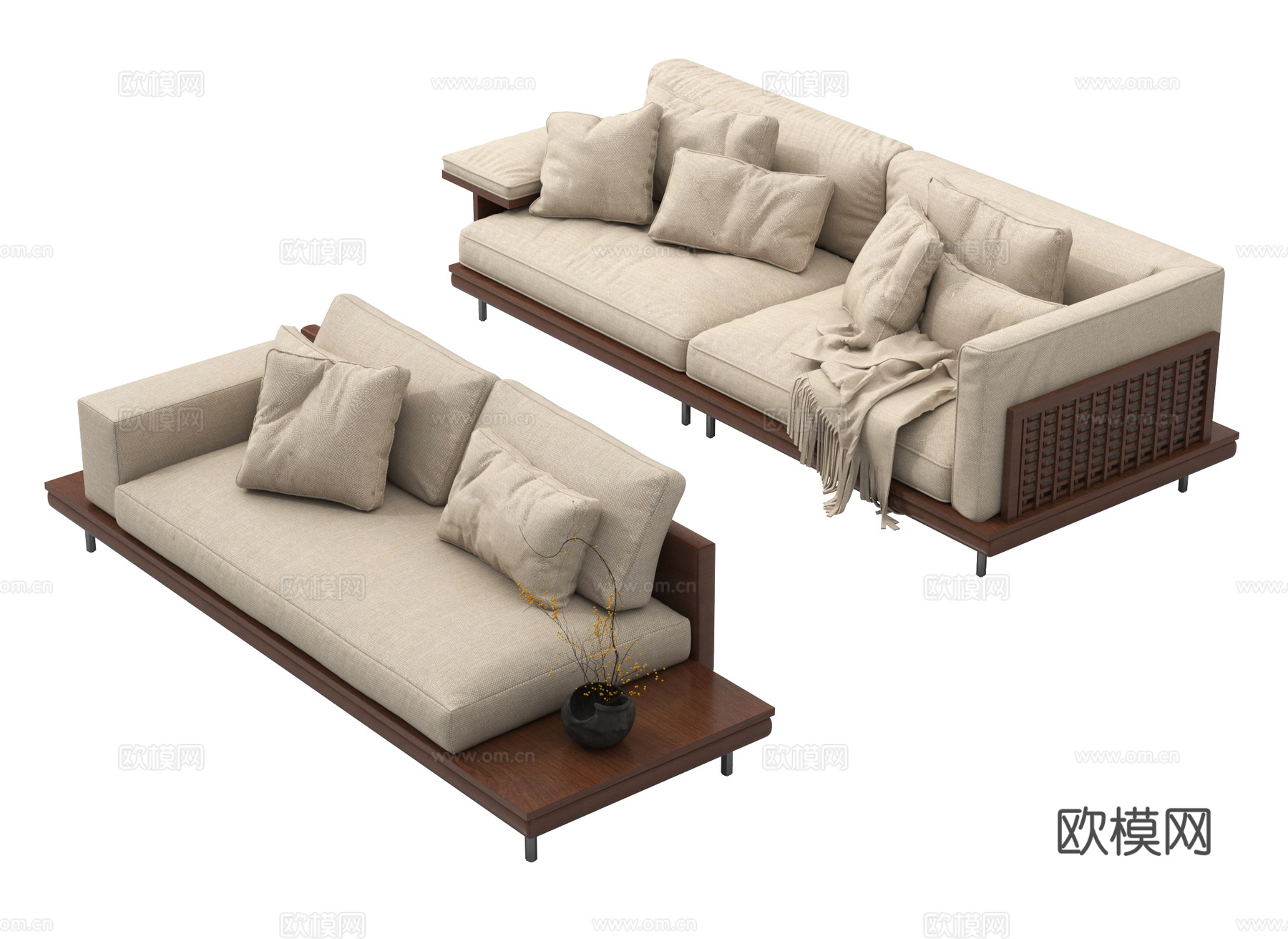 侘寂沙发组合 客厅沙发 藤编沙发 多人沙发3d模型