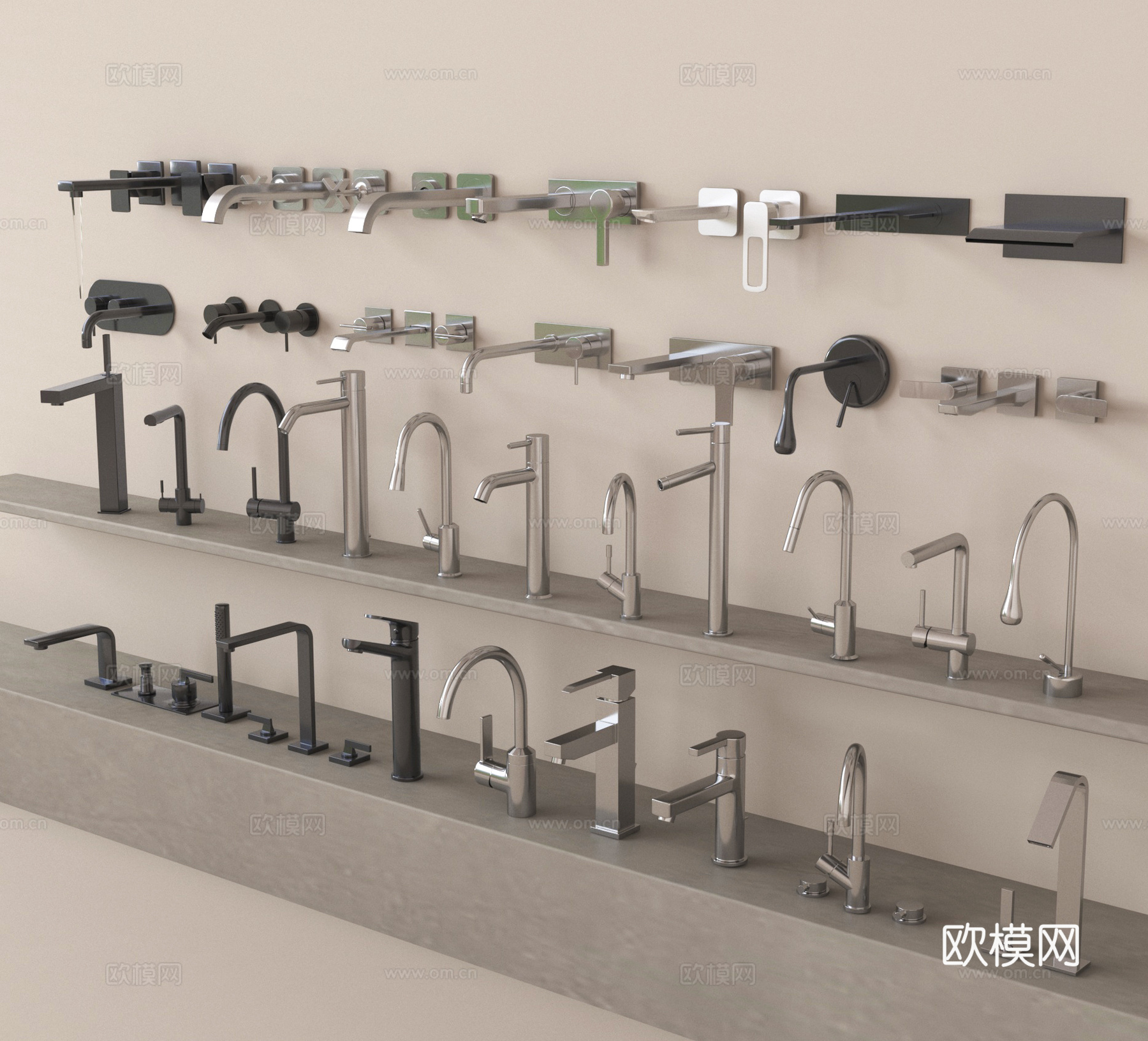 现代水龙头组合 水槽龙头 不锈钢龙头su模型