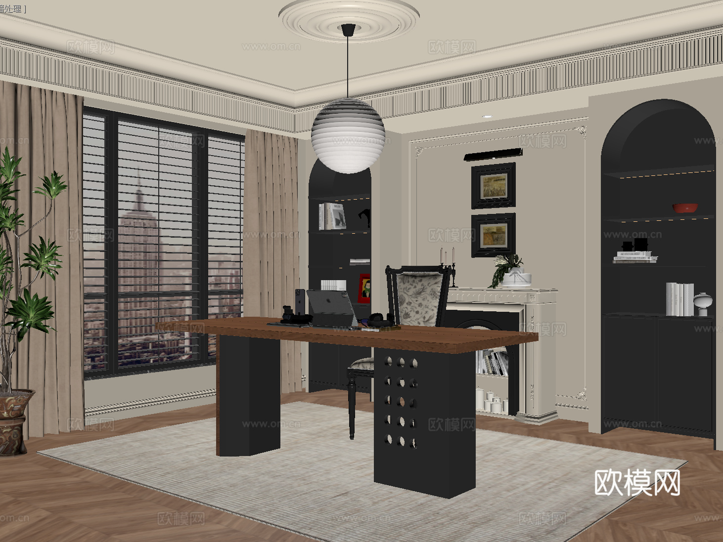 法式中古书房 书桌椅 书柜 壁炉 盆栽su模型