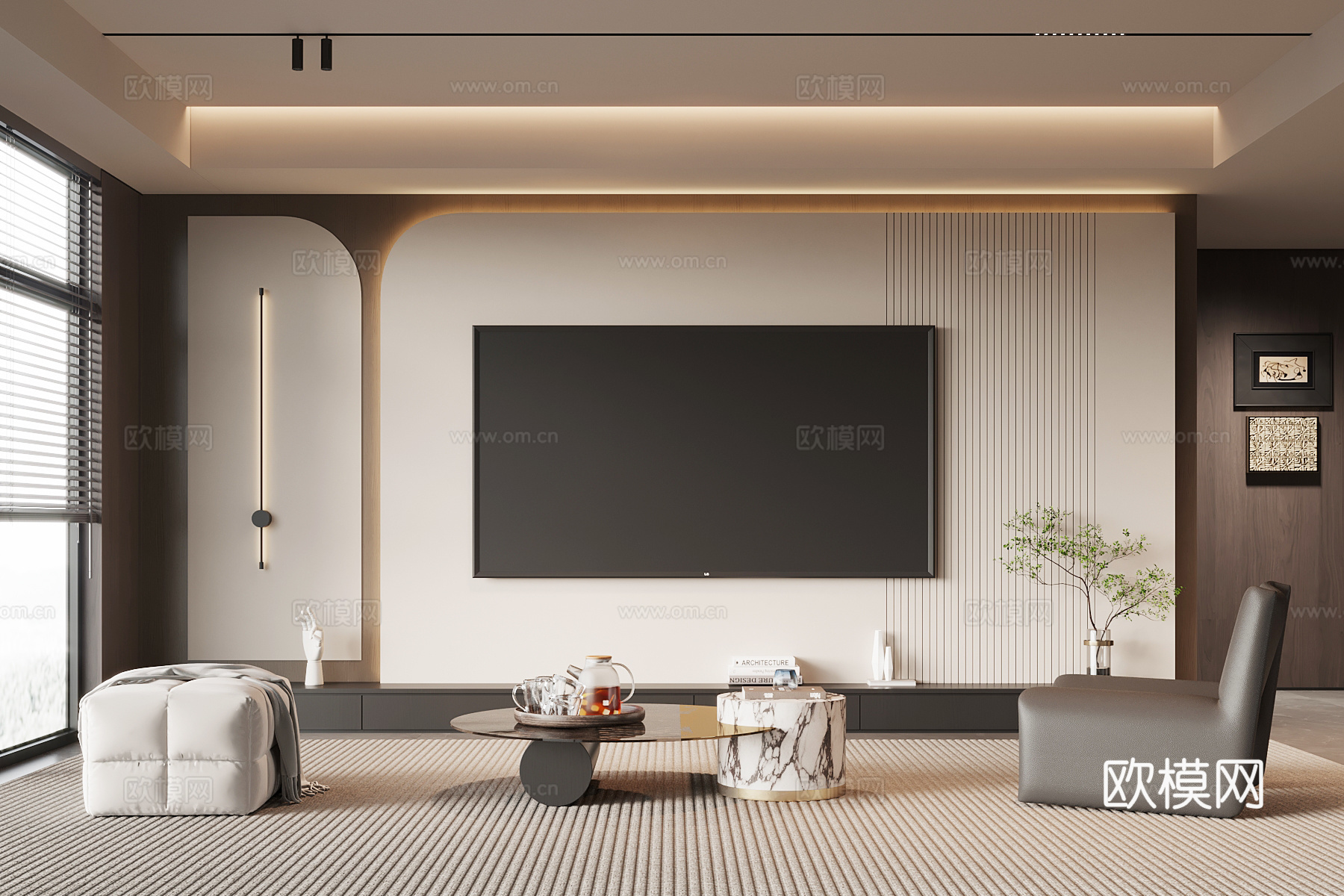 现代意式客厅 电视背景墙su模型