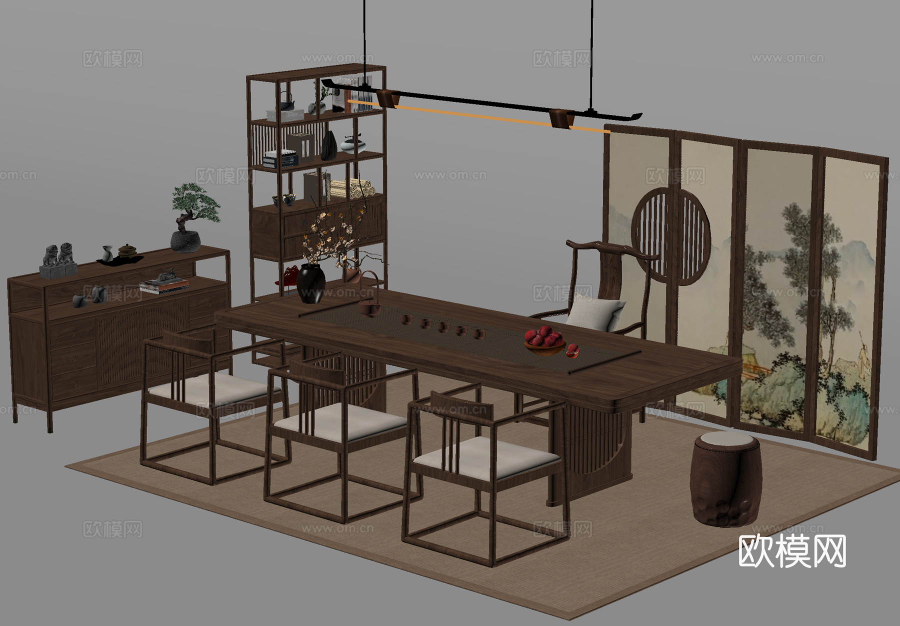 新中式茶室 茶台 茶桌椅 茶具 吊灯屏风su模型
