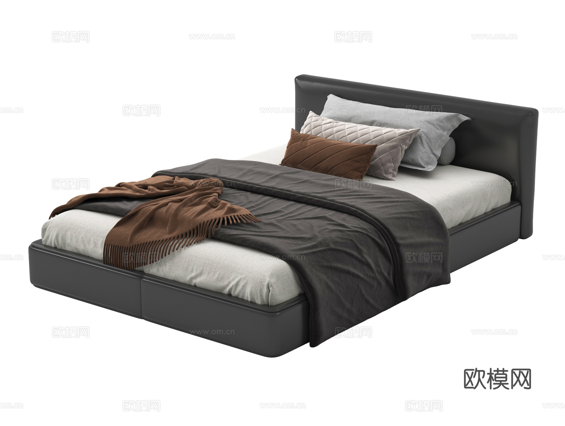 现代双人床 布艺床 床品3d模型下载