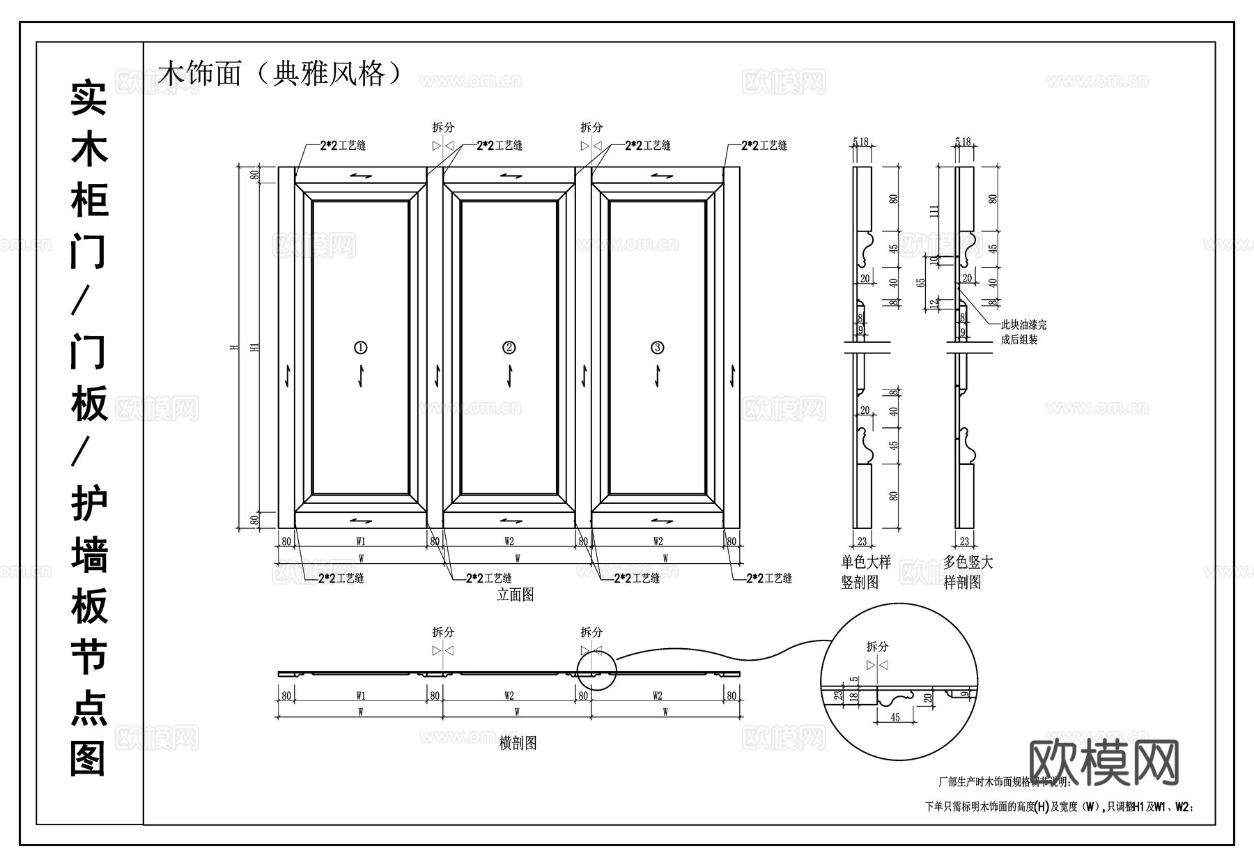 实木门板 门板 护墙板节点图cad施工图