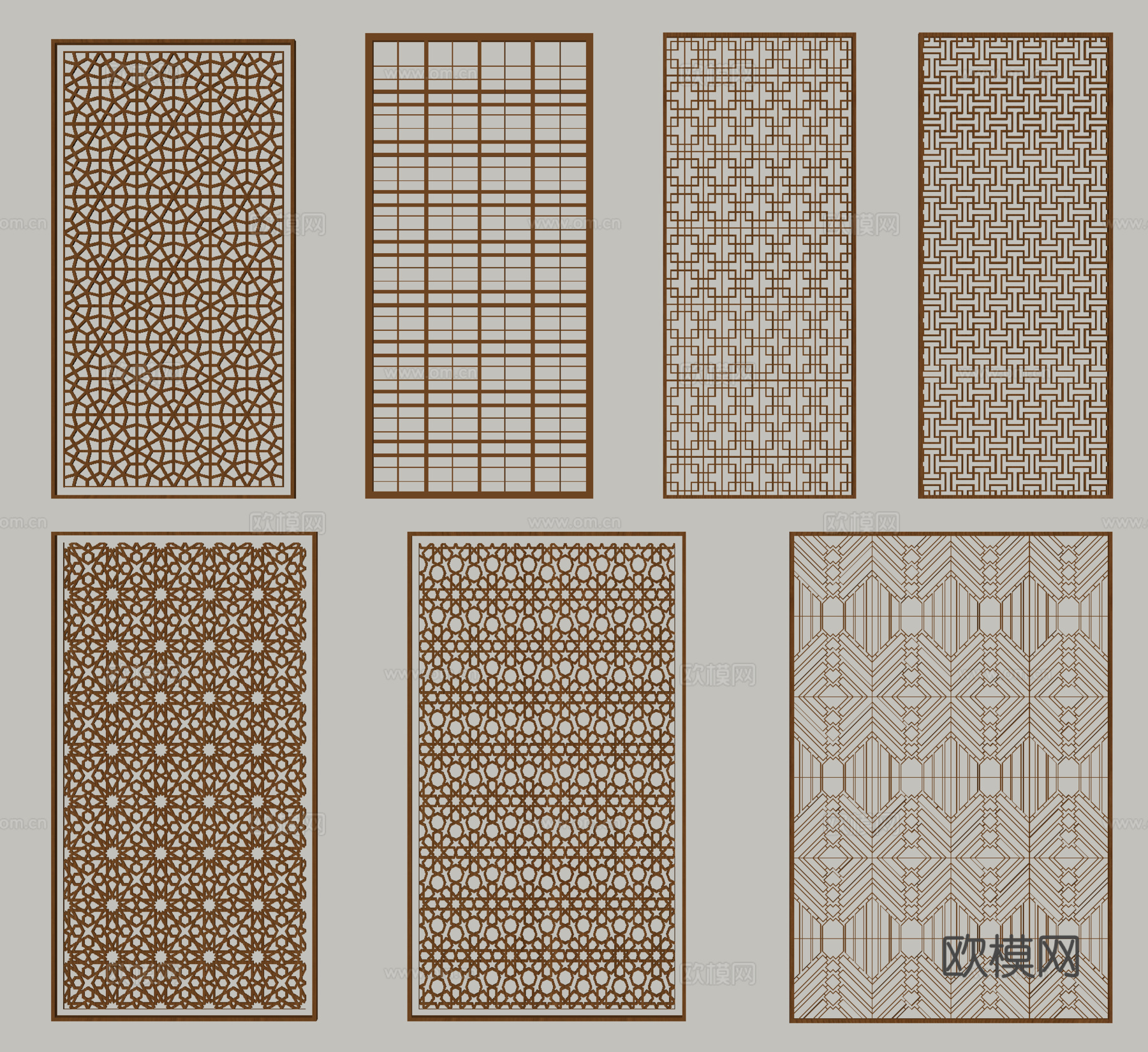 新中式屏风隔断 雕花隔断  花格木窗su模型