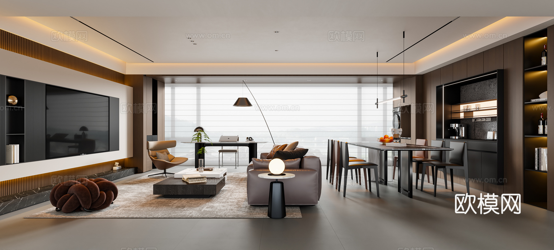 现代意式客餐厅 大平层 沙发茶几 餐桌椅 电视背景墙 餐边柜su模型