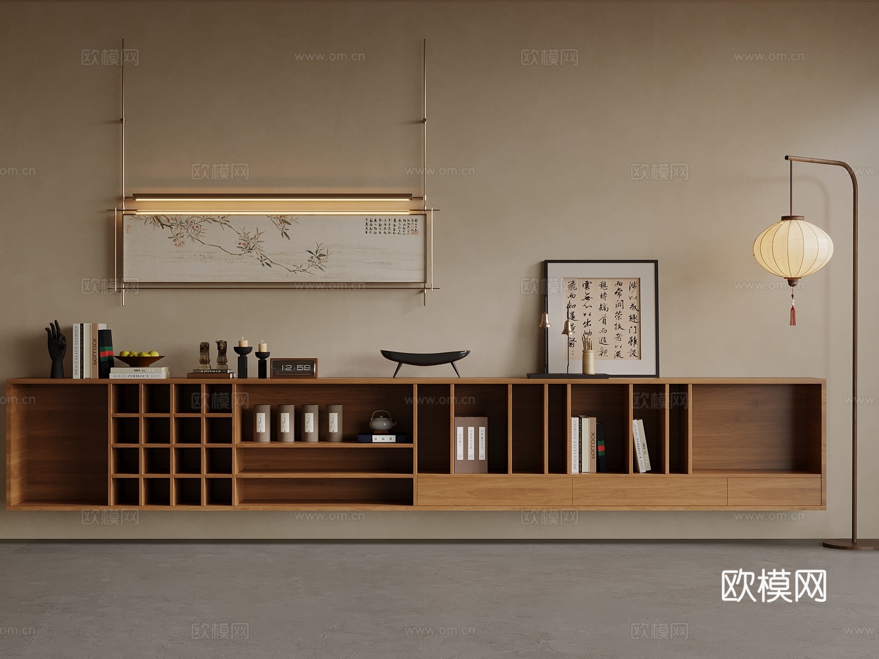 新中式书柜 矮柜 装饰柜 电视柜 落地灯 装饰画su模型