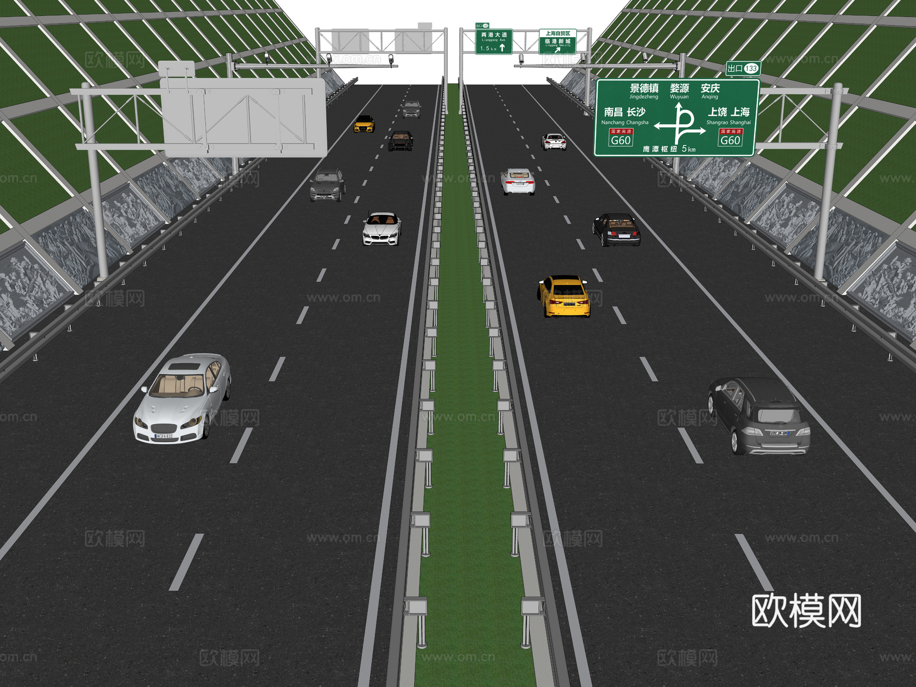 现代高速公路 高速道路 护坡 路障 汽车 边坡 交通指示牌su模型