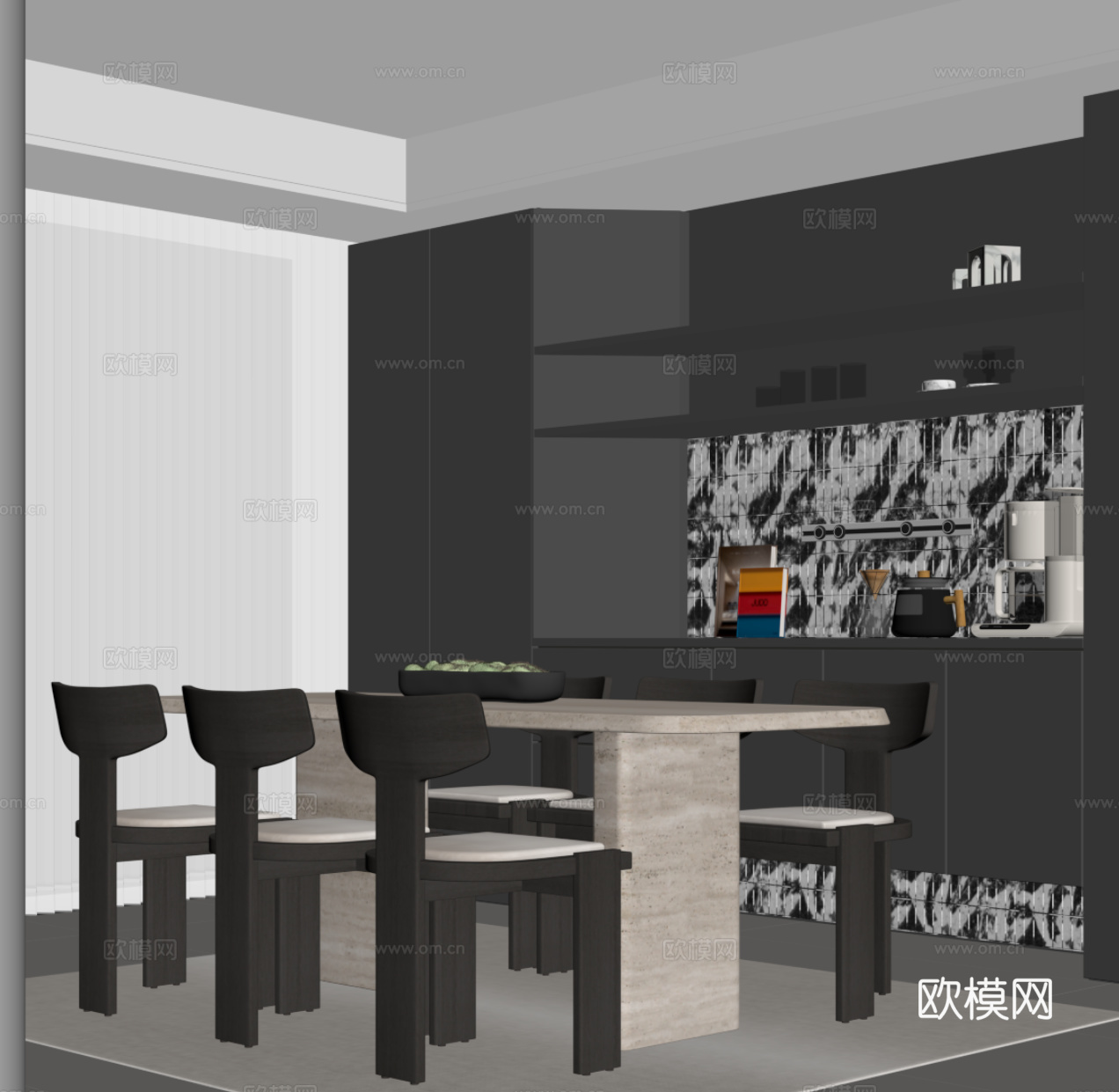 现代餐厅 餐桌椅  酒柜su模型