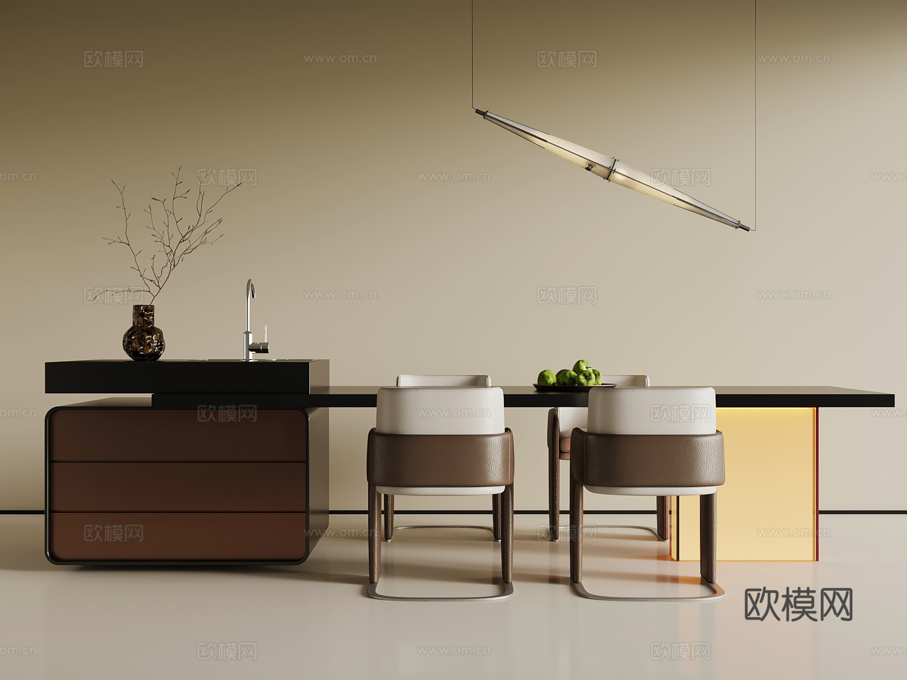 现代岛台 餐桌椅 吊灯su模型